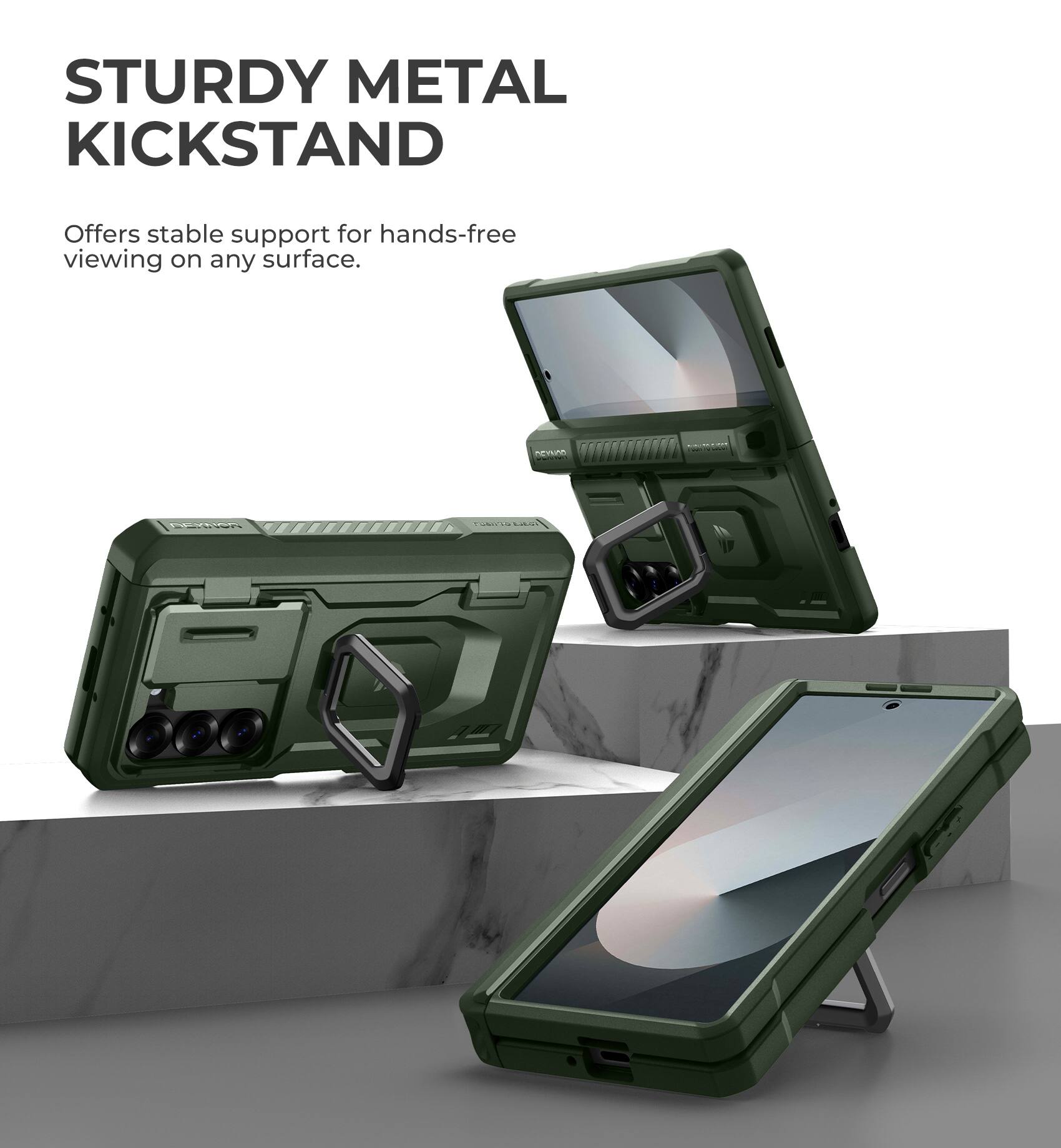 STURDY METAL KICKSTAND
Offers stable support for hands-free viewing on any surface.