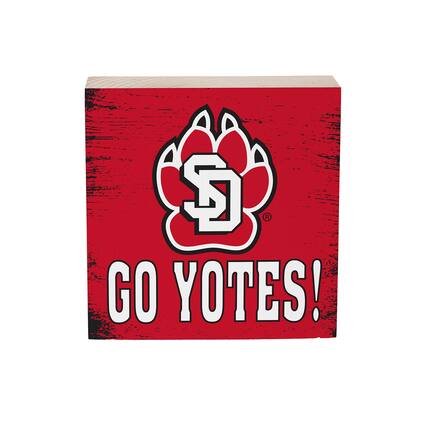 Front. Evergreen Enterprises - South Dakota Coyotes 6" Square Fan Chant Wood Block Shelf Sign - Multicolor.