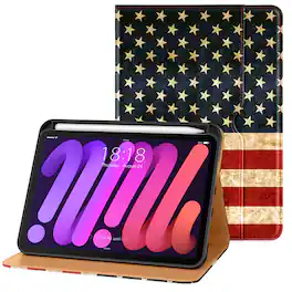 DTTO - Case for iPad Mini 7 (A17 Pro) 2024 / Mini 6 2021 8.3" - Leather Folio Stand with Pencil Holder & Multi-Angle Viewing - US Flag