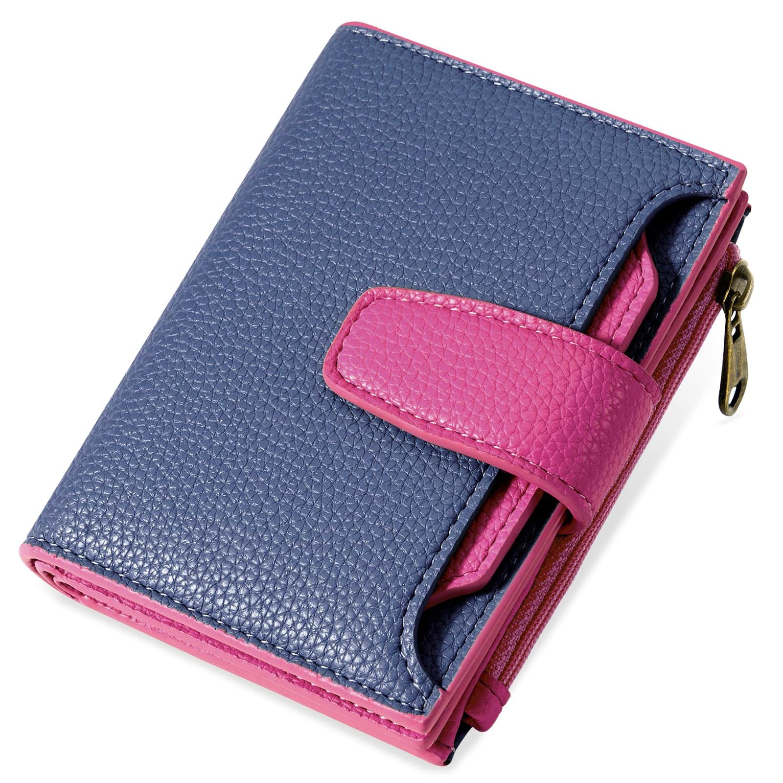 Jadie Link - Small Wallet Women Rfid Blocking Soft Leather Bifold Compact Card Holder Zipper Pocket Window Compact Design, Carry Ease - Colorblock - Blue/Plum Red