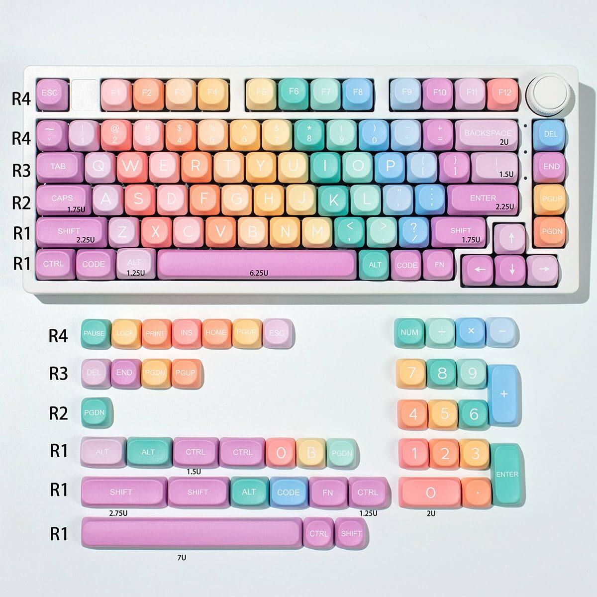 Sure, here is the corrected and grouped text based on the image:

**Top Row:**
- R4: ESC F1 F2 F3 F4 FG F6 F7 F8 F9 F10 F11 F12

**Second Row:**
- R4: ` @ 2 3 W E $ 4 R % 5 T A 6 Y 5 7 U * 8 I I 9 O 1 0 P : . + - BACKSPACE

**Third Row:**
- R3: TAB Q W E R T Y U I O P

**Fourth Row:**
- R2: CAPS A S D F G H J K L ENTER

**Fifth Row:**
- R1: SHIFT Z X C V B N M < > ? / SHIFT

**Bottom Row:**
- R1: CTRL CODE ALT 6.25U

**Right Side:**
- DEL END PGUP PGDN

**Extra Keys:**
- PAUSE LOCK PRINT INS HOME PGUP ESC NUM 7 4 8 5 9 6 + R1 R1 ALT ALT SHIFT CTRL 1.5U SHIFT CTRL ALT O B CODE PGDN FN CTRL