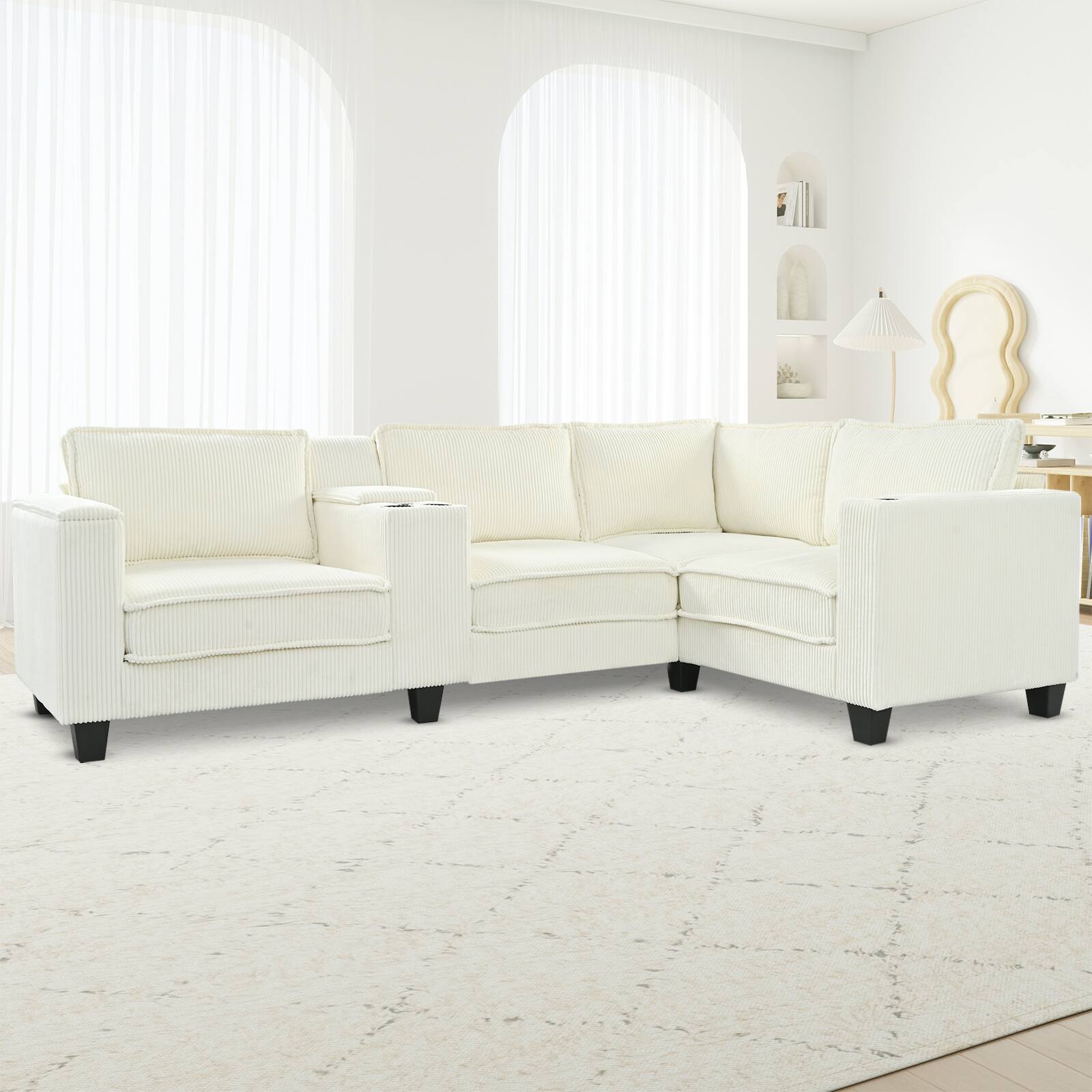 Anysun - L-Shape 4-Seat Corduroy Sofa with Storage Armrests, Center Console & USB Charging. - Beige price history on PriceWatchPro