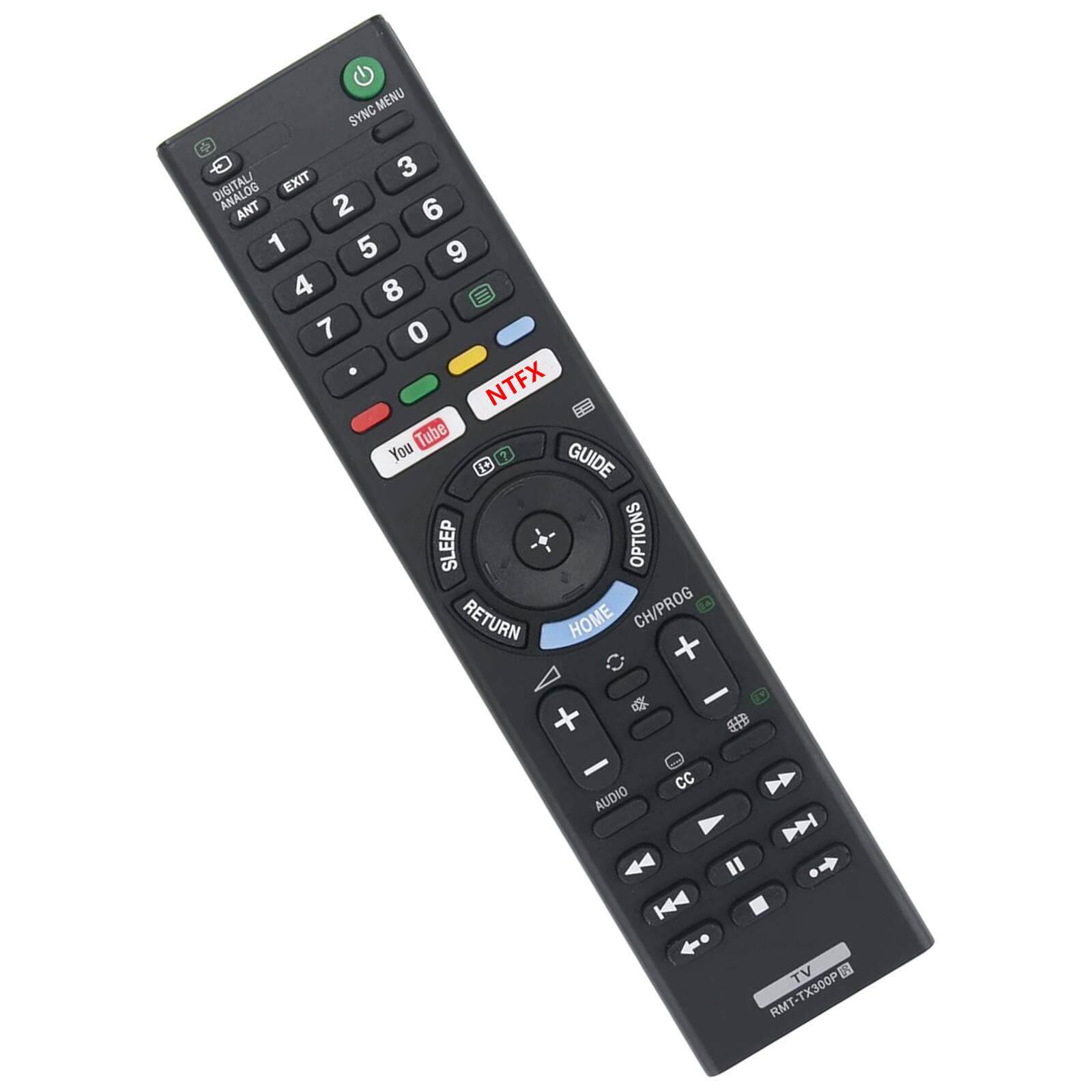 MENU SYNC  
DIGITAL/ANALOG EXIT 1 2 3 4 5 6 7 8 9 0  
NTFX Tube  
GUIDE  
SLEEP OPTIONS  
RETURN HOME  
CH/PROG  
AUDIO CC  
TV  
RMT-TX300P