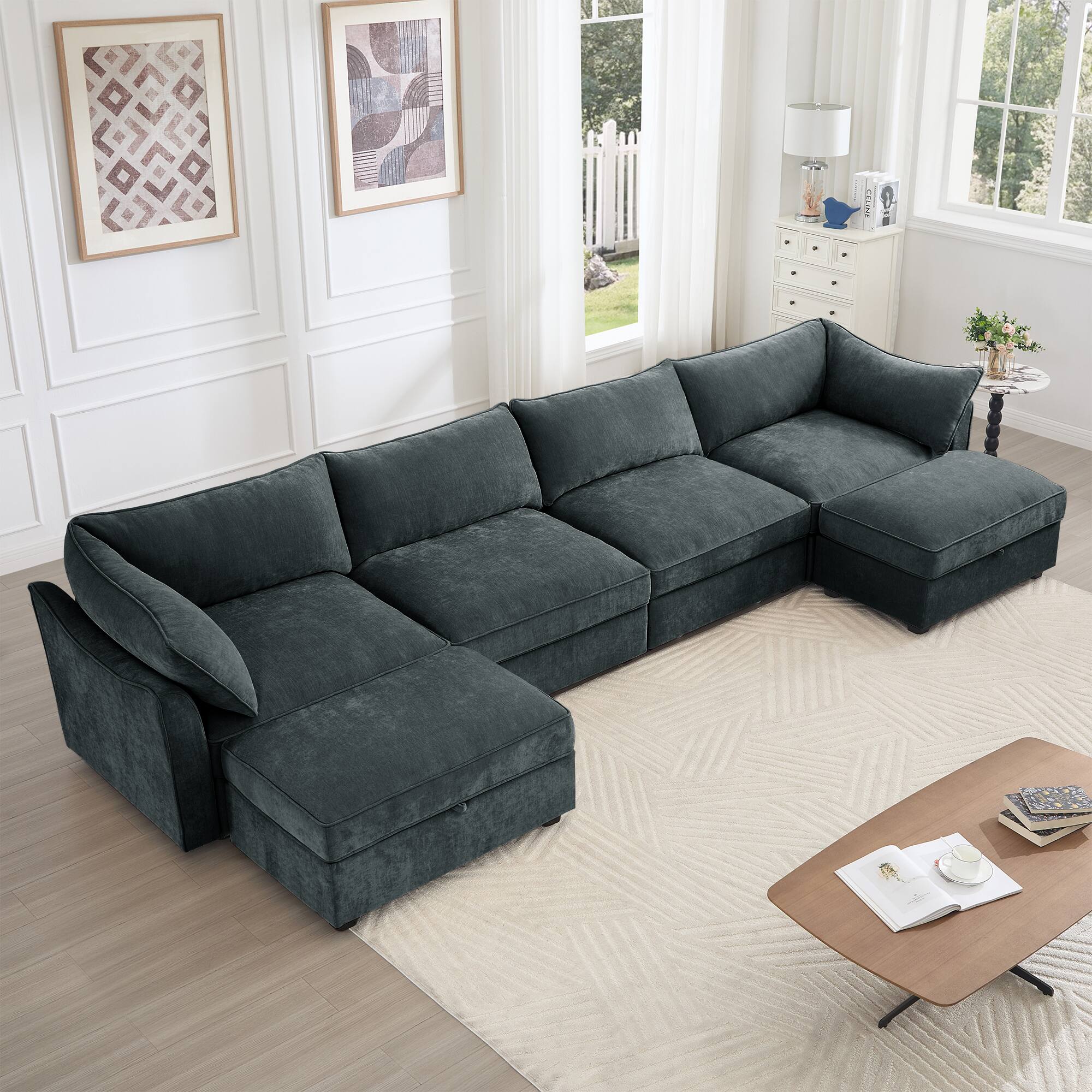 Angle. Aukfa - U-Shaped 4-Seater Deep Seat Sofa with 2 Ottomans - 6-Seat Modular Sectional with Pull-Out Storage Drawers - Gray.