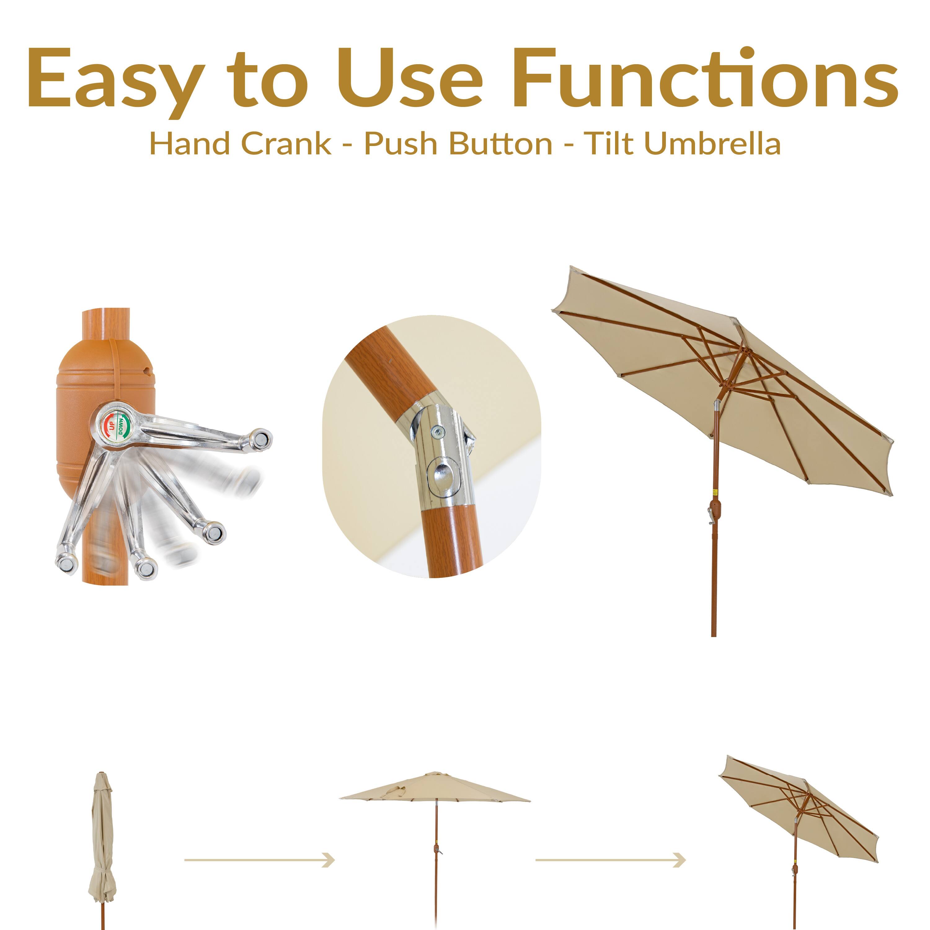 Easy to Use Functions  
Hand Crank - Push Button - Tilt Umbrella