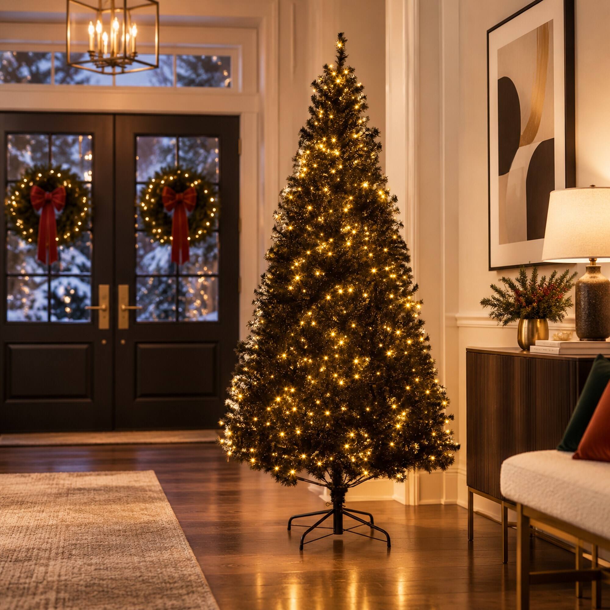 Alt View 2. RYHNUYNE - 7.5 Ft Douglas Fir Black Artificial Christmas Tree With 500 Warm White LED Lights, 1346 Tips Metal Stand Decor - Black.