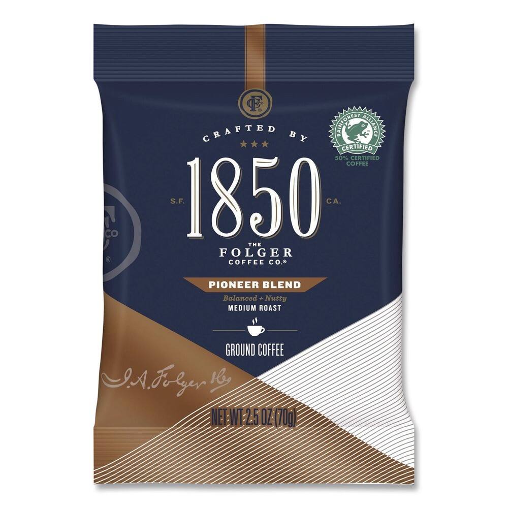 CRAFTED BY  
MAINTOLTEY ALLIANCE  
50% CERTIFIED COFFEE  
S.F. 1850 CA.  
THE FOLGER COFFEE CO.  
PIONEER BLEND  
Balanced + Nutty  
MEDIUM ROAST  
GROUND COFFEE  
NET WT 2.5 OZ (70g)