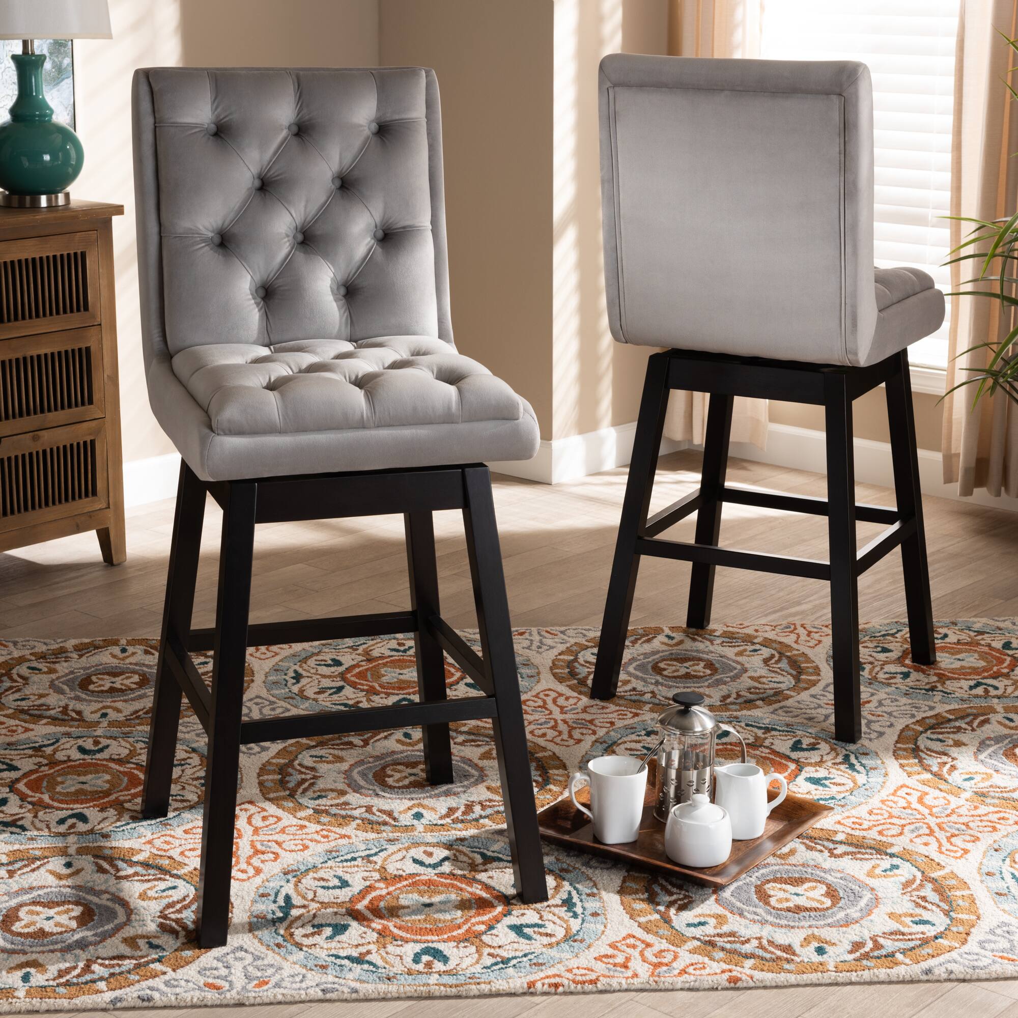 Alt View 2. Baxton Studio - Gregory Modern Velvet Upholstered and Dark Brown Finished 2-Piece Swivel Bar Stool Set - Light Grey/ Dark Brown.