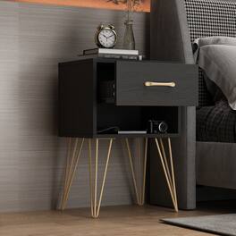 FUFU & GAGA - Modern Single Drawer Nightstand Bedside Table with Gold Metal Legs Accent End Table with Storage for Bedroom Living Room - Black