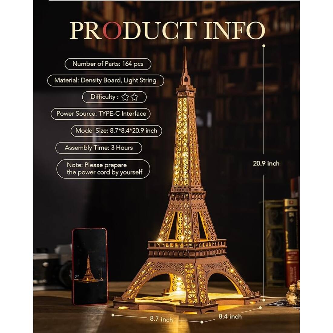 Angle. 3D Puzzle - DIY 3D Puzzle Night of Eiffel Tower 164pcs.