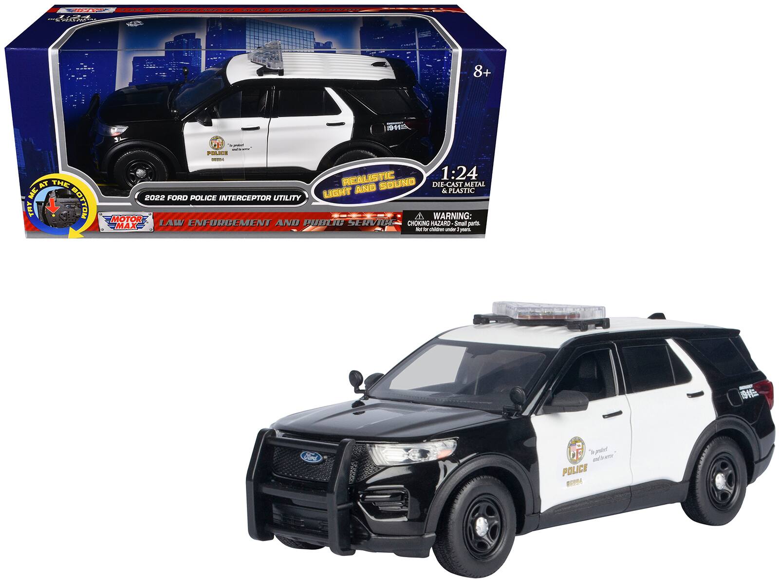 Motormax - 2022 Ford Police Interceptor Utility Black White LAPD with Flashing Light Bar Front and Rear Lights Sounds 1/24 - Black and White