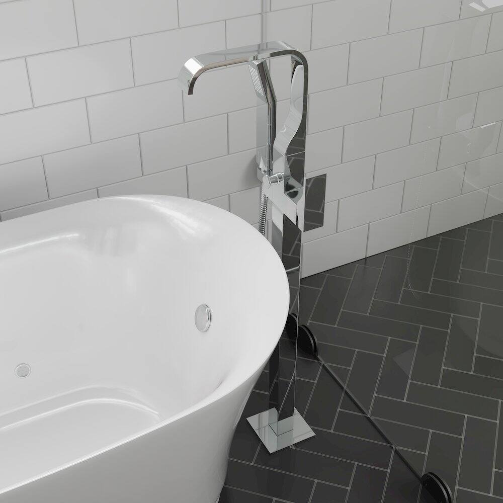 Angle. Alfi - Polished Chrome Single Lever Floor Mounted Tub Filler Mixer w Hand Held Shower Head - Polished Chrome.
