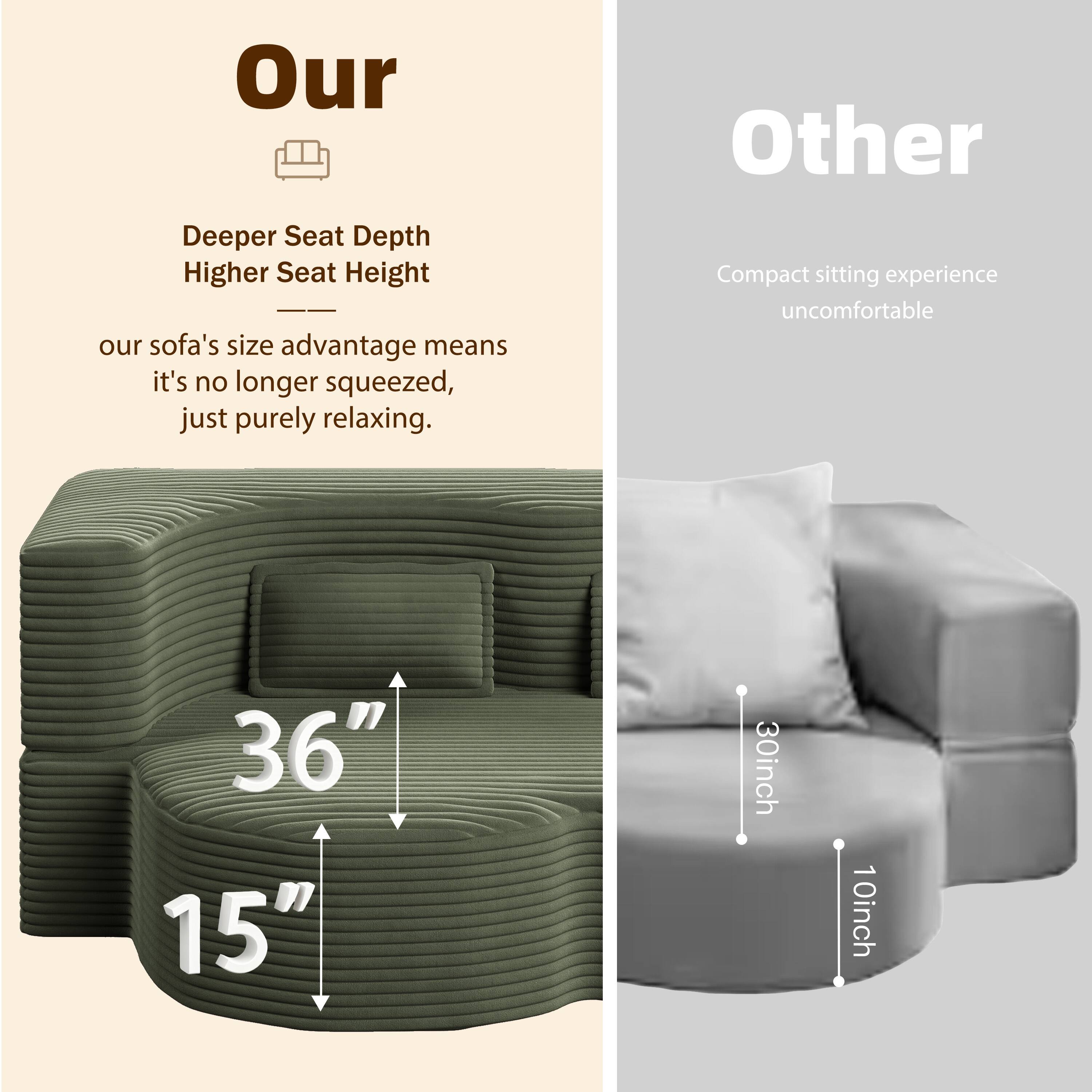 **Our**

- Deeper Seat Depth
- Higher Seat Height

Our sofa's size advantage means it's no longer squeezed, just purely relaxing.

36"  
15"

**Other**

- Compact sitting experience
- Uncomfortable

30inch  
10inch