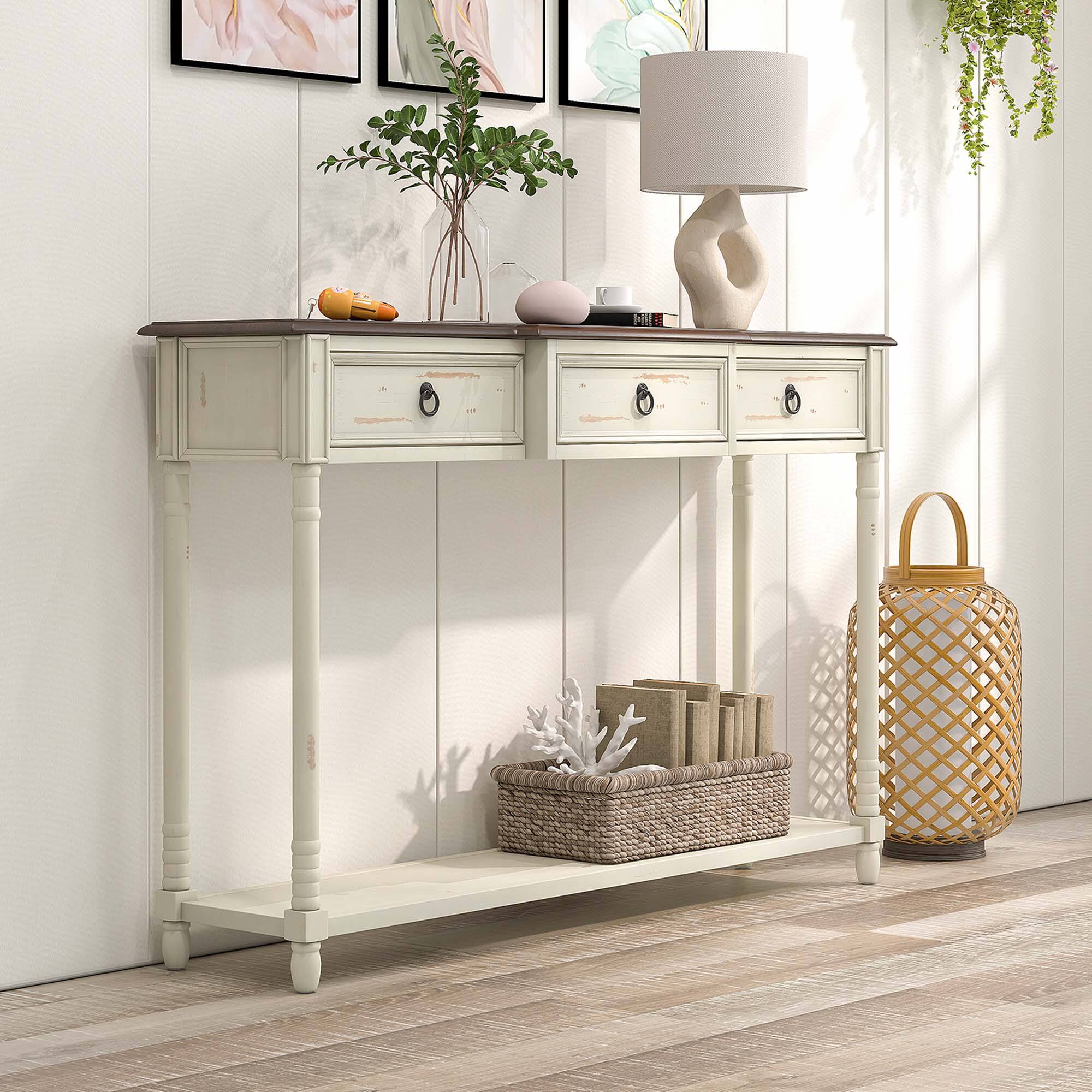 Left. Costway - Farmhouse Console Table Entryway Sideboard with 3 Drawers & Open Storage Shelf - Off-white/Brown.