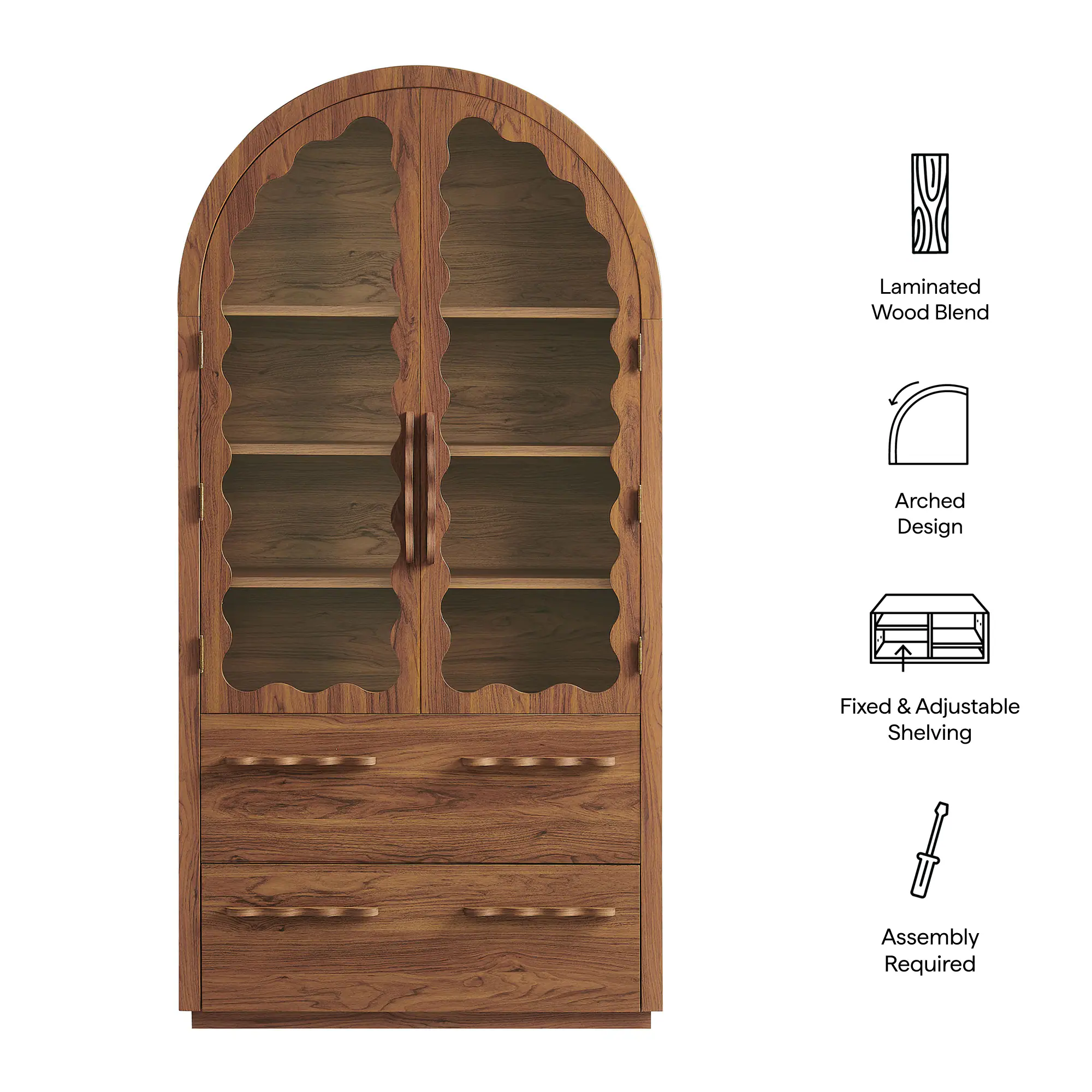 Laminated Wood Blend  
Arched Design  
Fixed & Adjustable Shelving  
Assembly Required