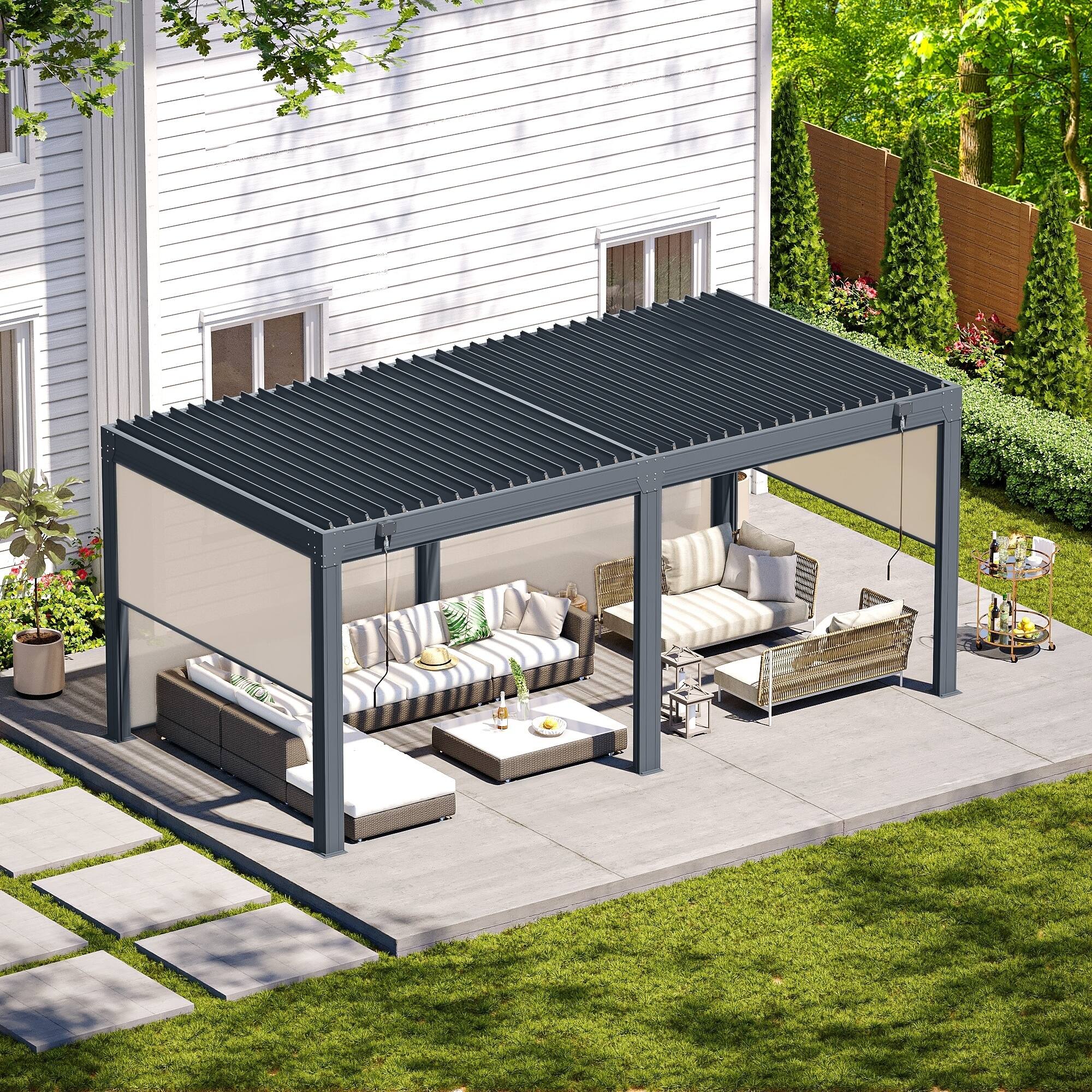 Back. U-HOMY - 10'x20' Outdoor Louvered Pergola - Features Adjustable Aluminum Roof & Drop-Down Curtains - Dark Grey.