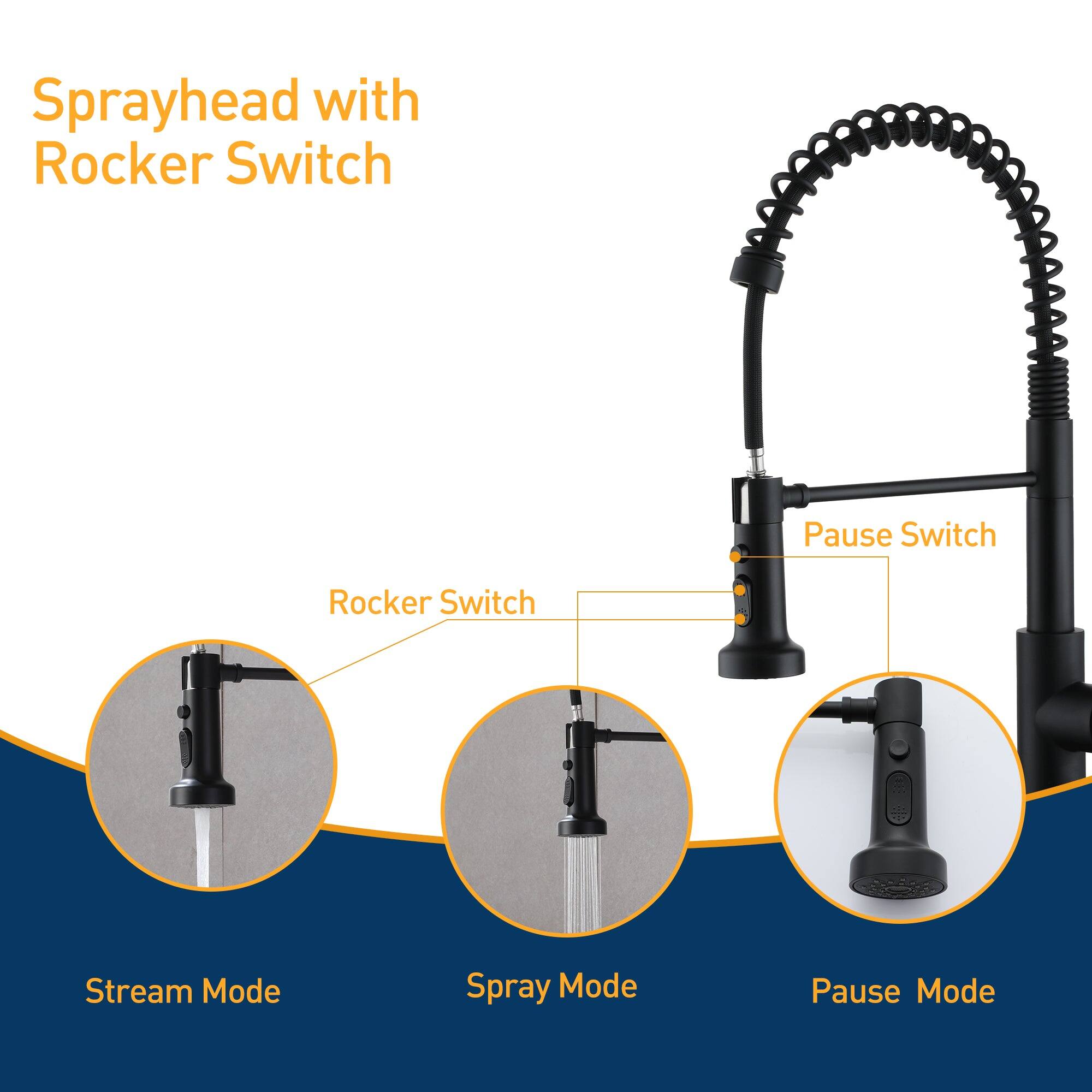 Sprayhead with Rocker Switch, Pause Switch, Rocker Switch, Stream Mode, Spray Mode, Pause Mode