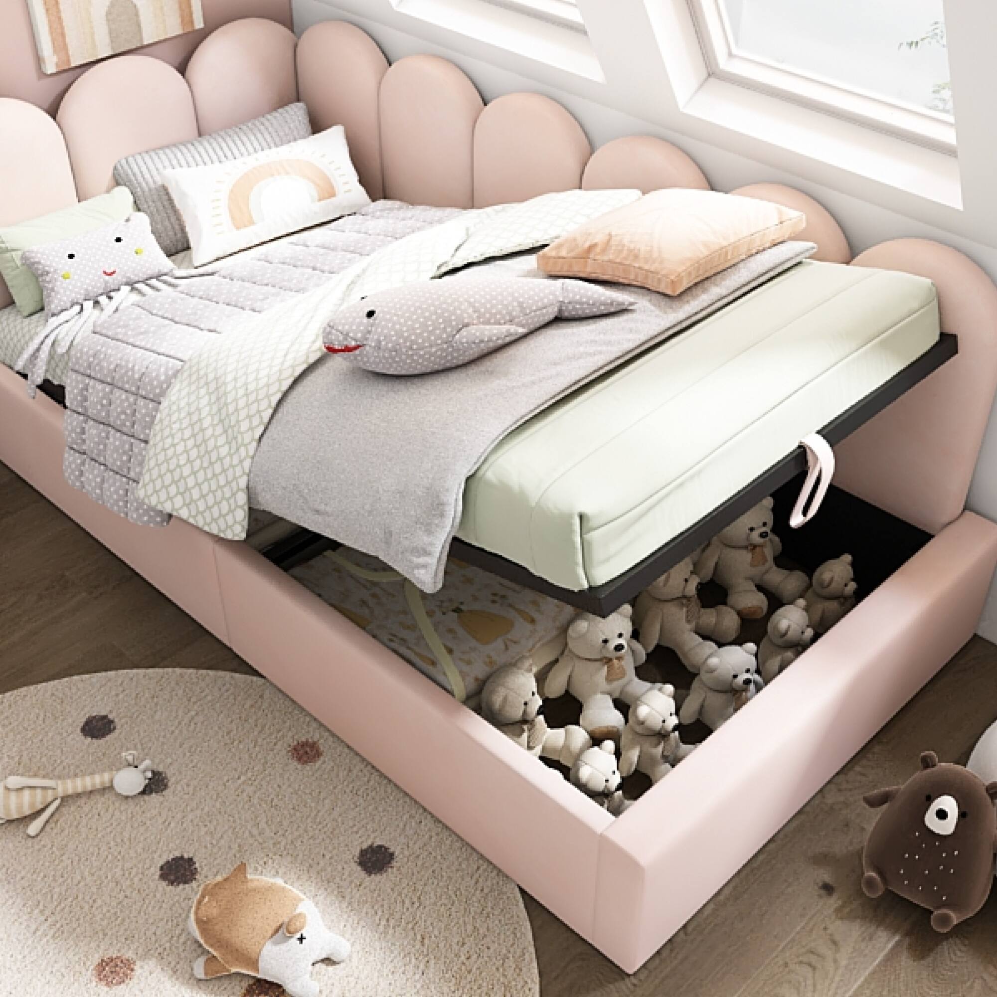 Angle. GOODSILO - Upholstered Daybed with Hydraulic Storage, Twin Size Sofa Bed Frame with Metal Slats and Velvet Covering - Pink.