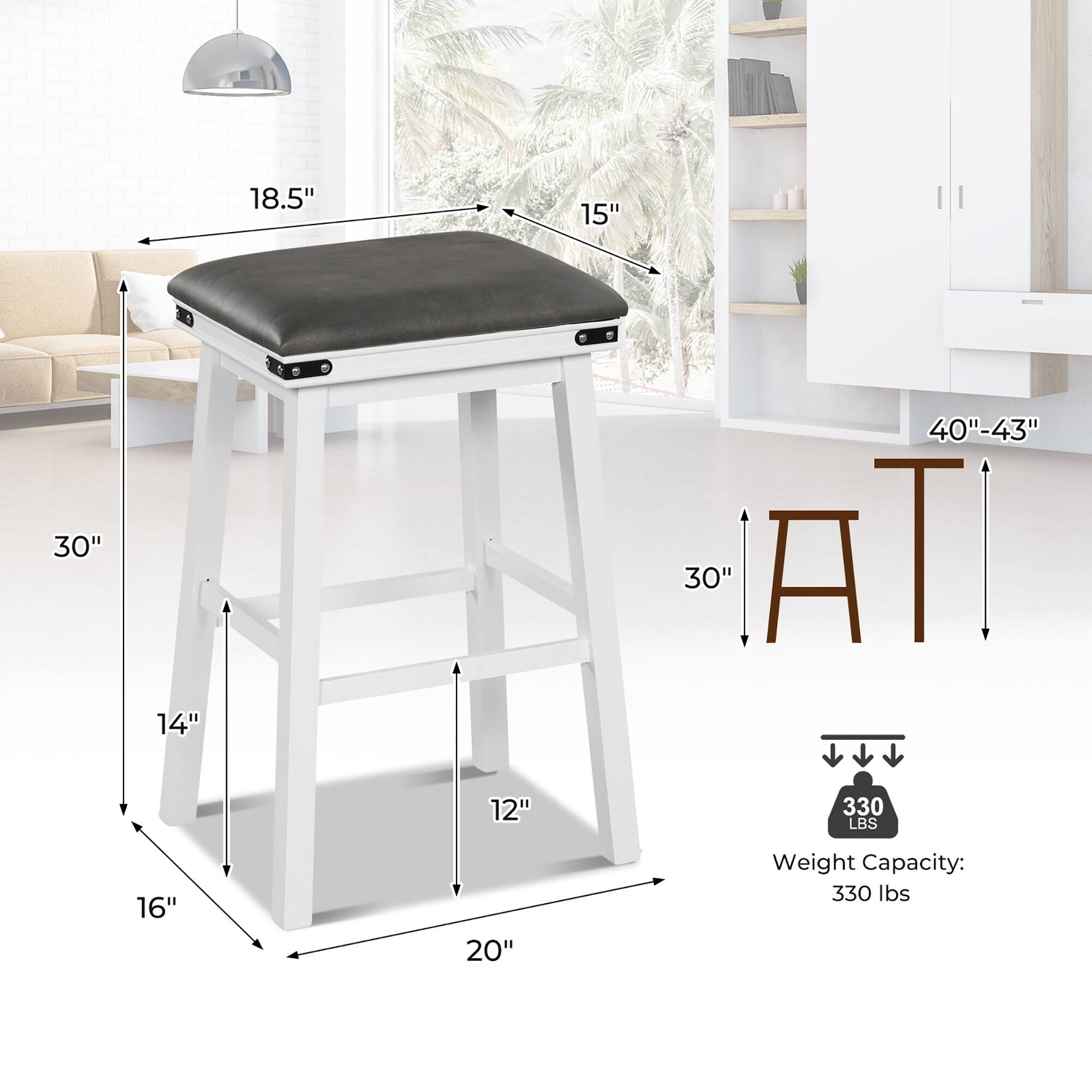18.5", 15", 30", 14", 40"-43", 30", 12", 330 LBS, 16", 20" Weight Capacity: 330 Ibs