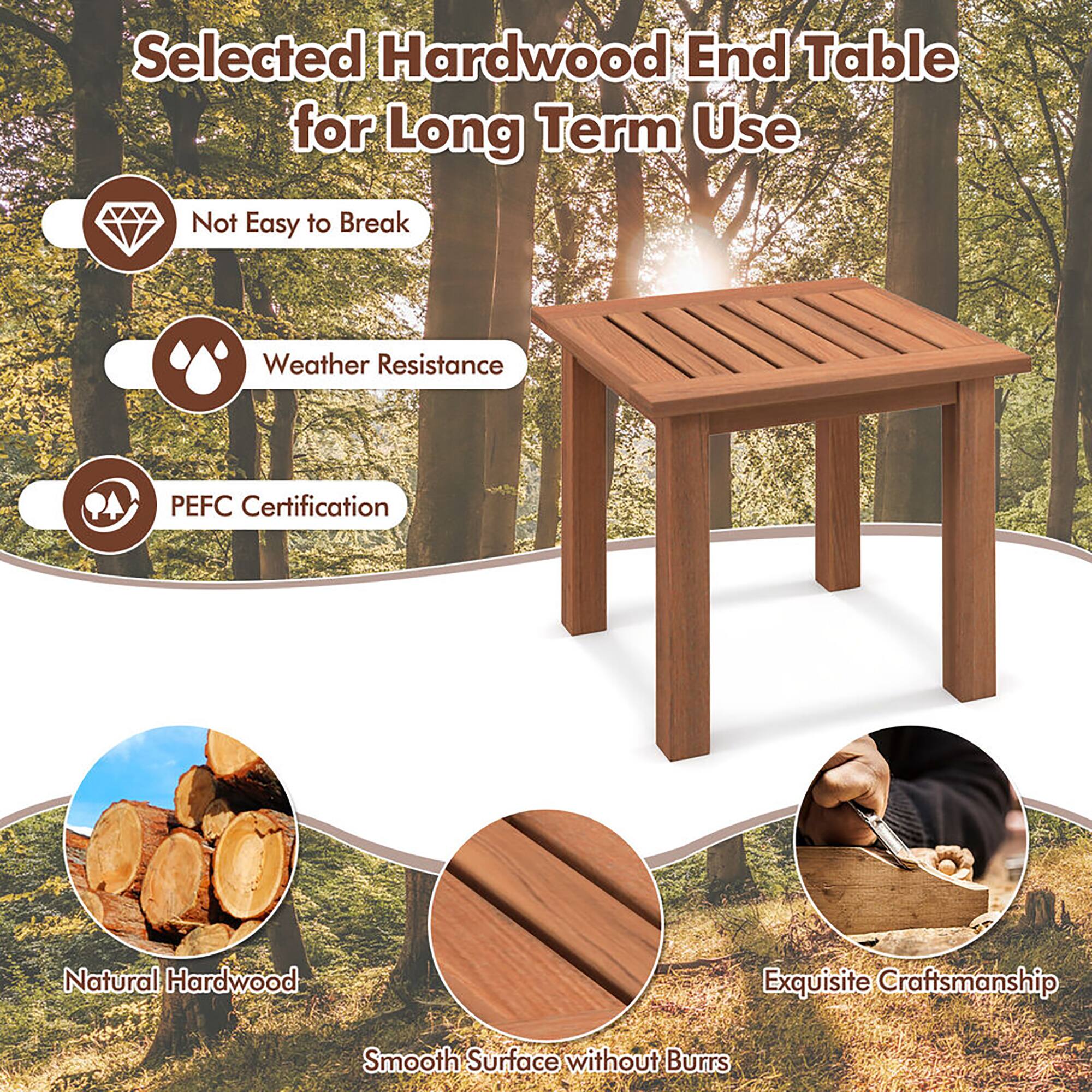 Selected Hardwood End Table for Long Term Use

- Not Easy to Break
- Weather Resistance
- PEFC Certification
- Natural Hardwood
- Exquisite Craftsmanship
- Smooth Surface without Burrs