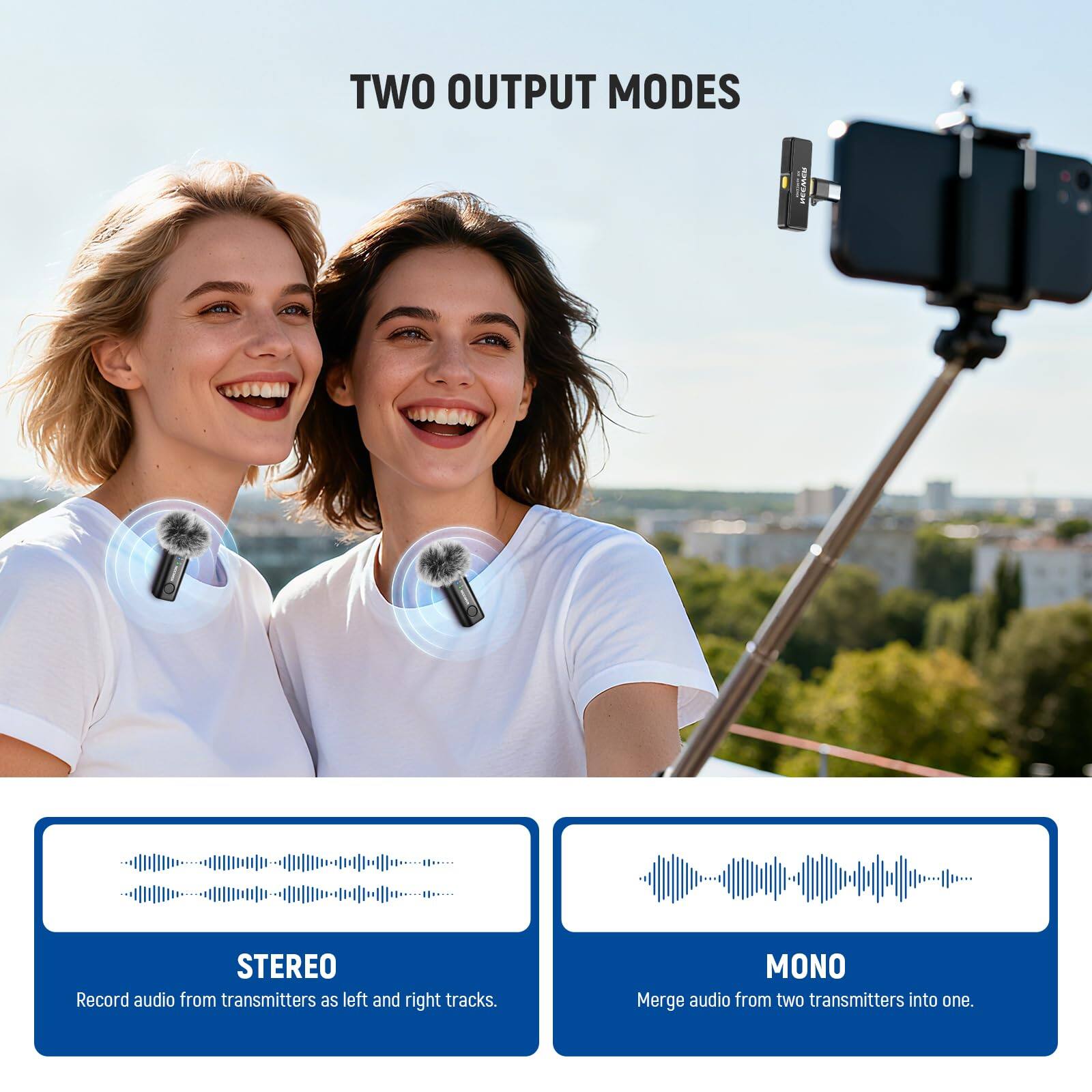 TWO OUTPUT MODES

STEREO
Record audio from transmitters as left and right tracks.

MONO
Merge audio from two transmitters into one.
