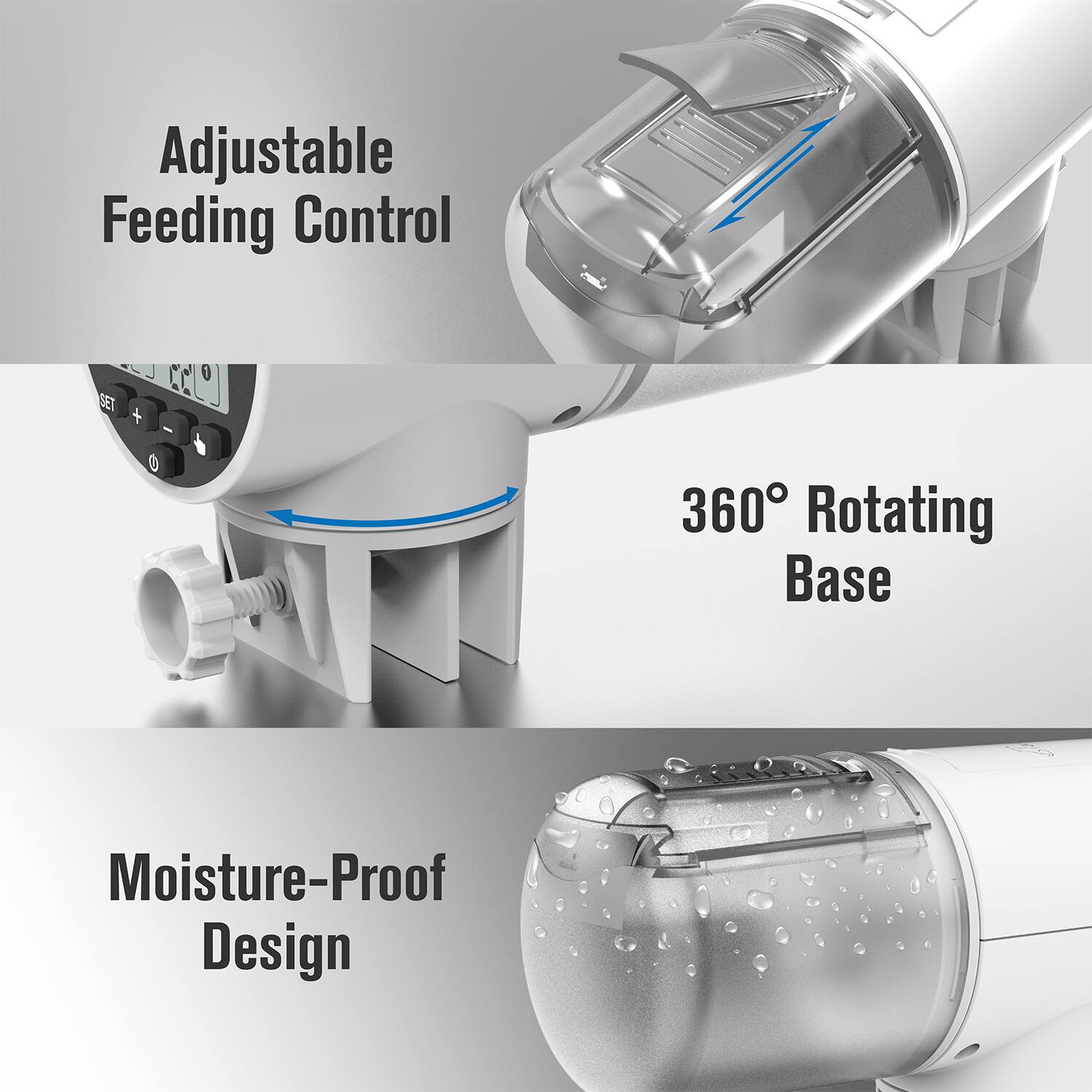 Adjustable Feeding Control

360° Rotating Base

Moisture-Proof Design