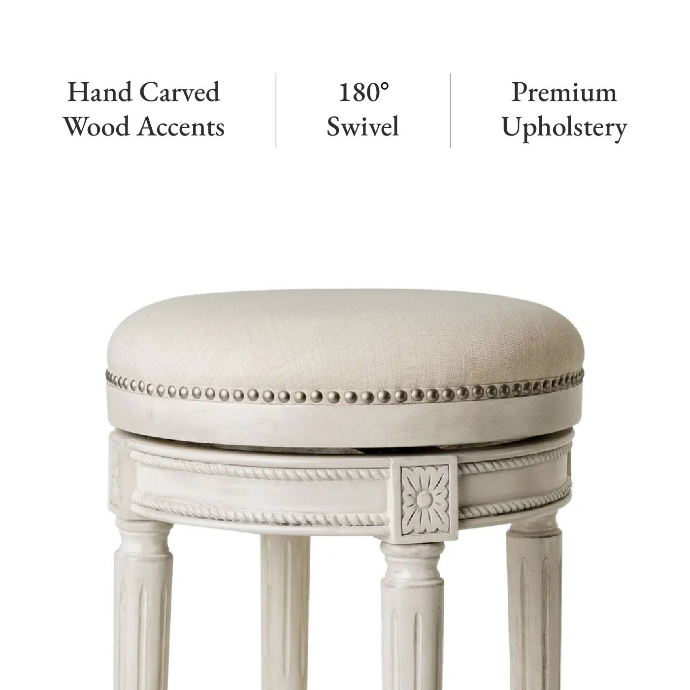 Hand Carved Wood Accents, 180° Swivel, Premium Upholstery