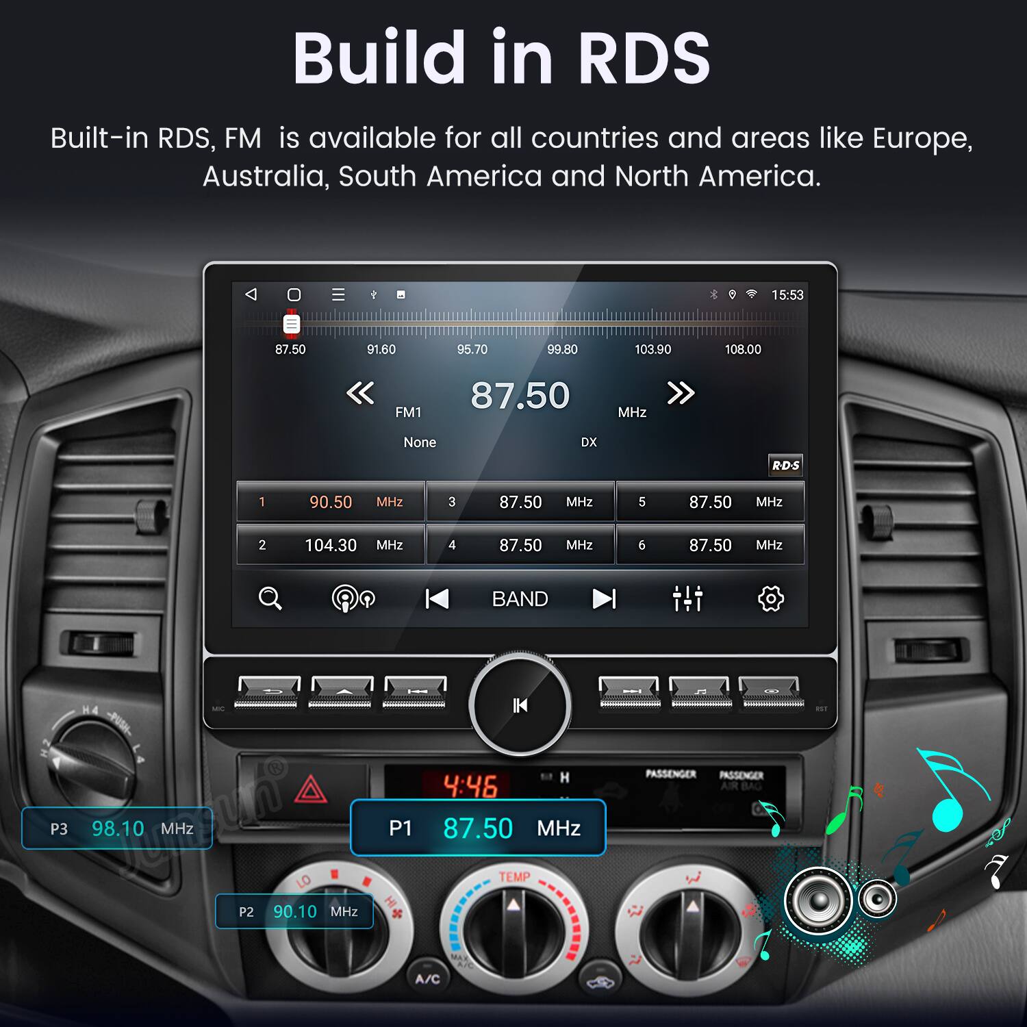 Build in RDS

Built-in RDS, FM is available for all countries and areas like Europe, Australia, South America and North America.