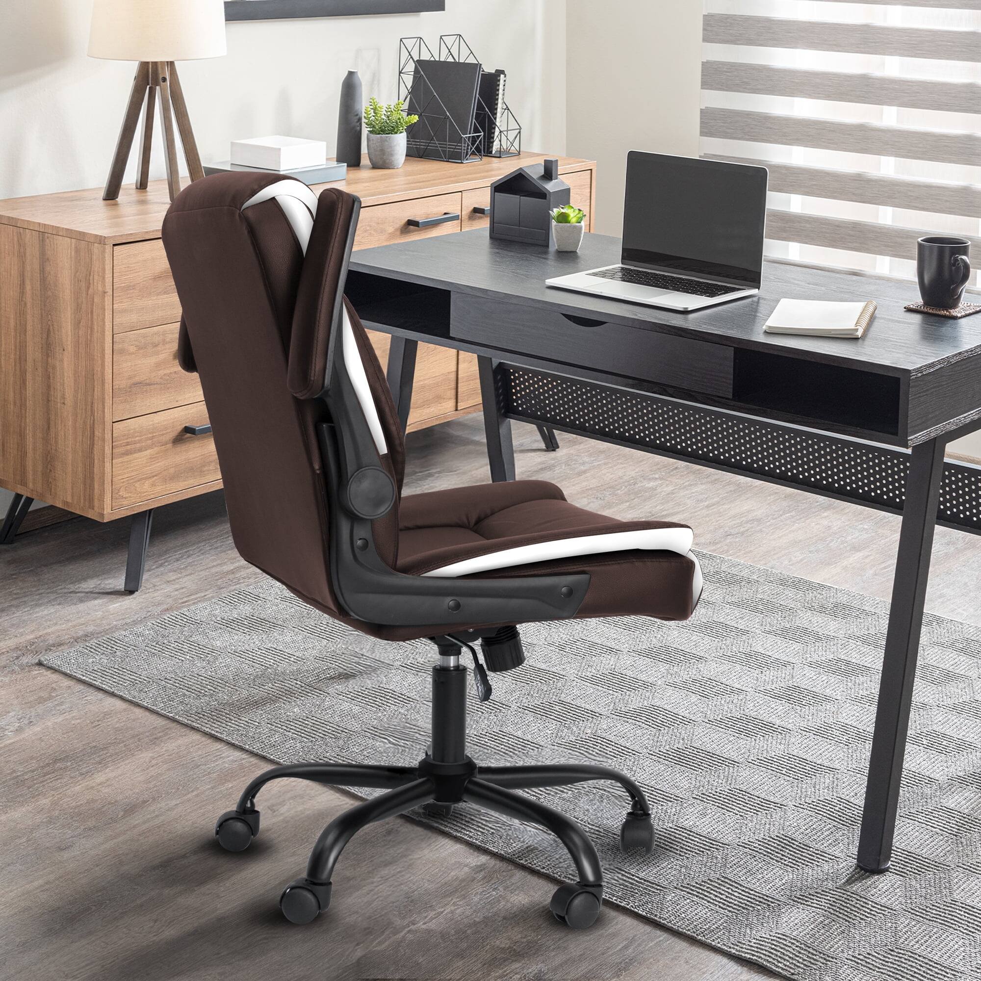 Back. Neo Chair - Desk Office Gaming Chair Ergonomic Executive Mid-Back Leather Padded Flip-Up Armrests Cushion Wheels Home Office - 1. Brown.