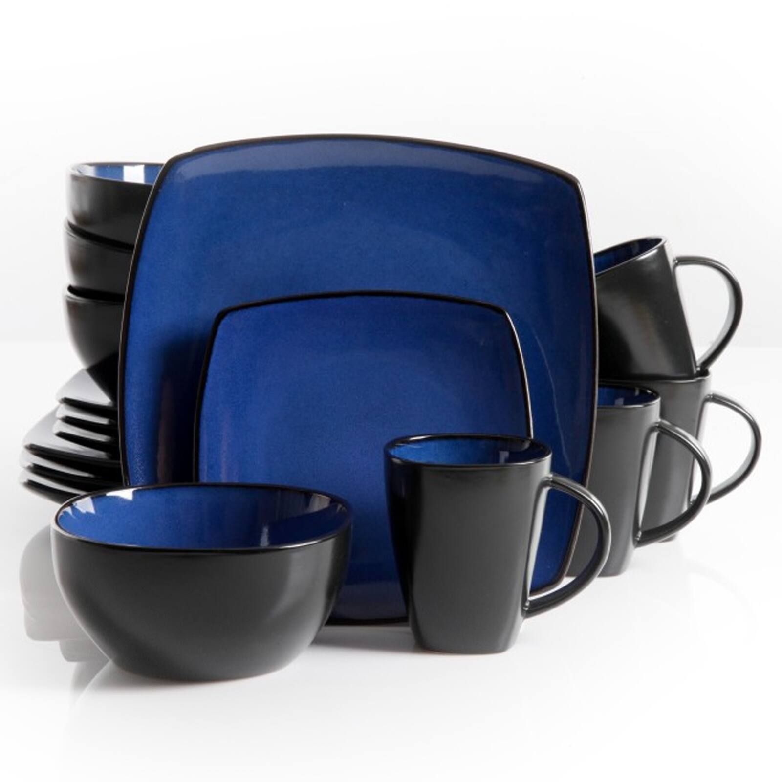 Alt View 1. Gibson - Gibson Soho Lounge 16 Piece Square Stoneware Dinnerware Set in Blue and Black - Blue.