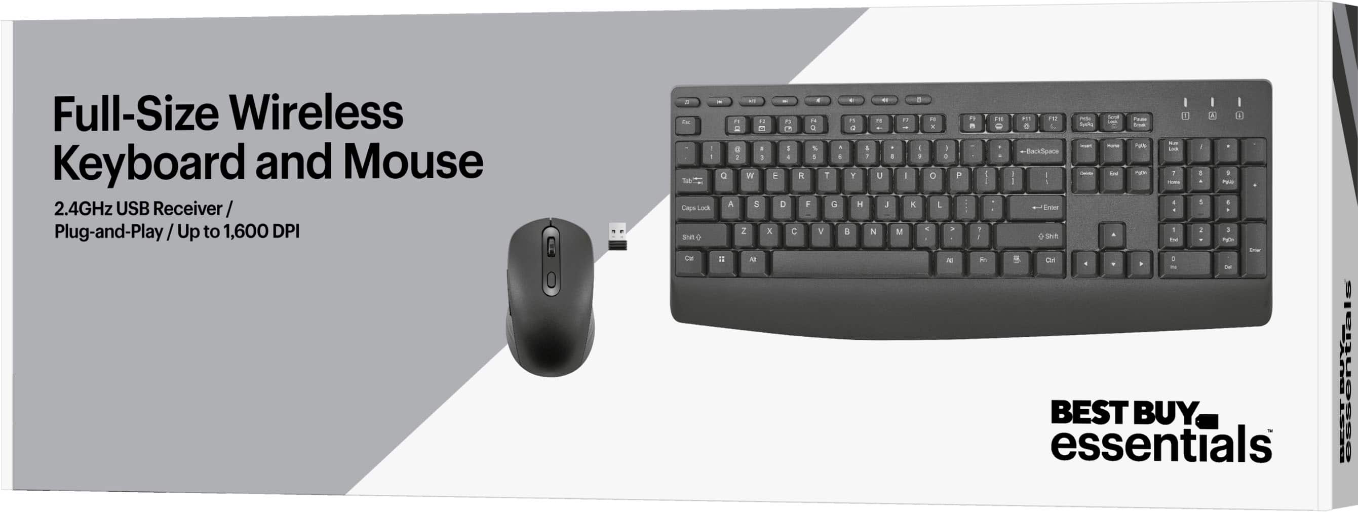 Full-Size Wireless Keyboard and Mouse 2.4GHz USB Receiver / Plug-and-Play, / Up to 1,600 DPI.