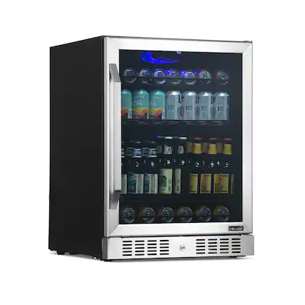 The image shows a refrigerator filled with various beverages, including cans and bottles. There are at least 13 different types of beverages in the refrigerator, with some of them being canned drinks. The refrigerator is well-stocked and offers a variety of options for people to choose from.