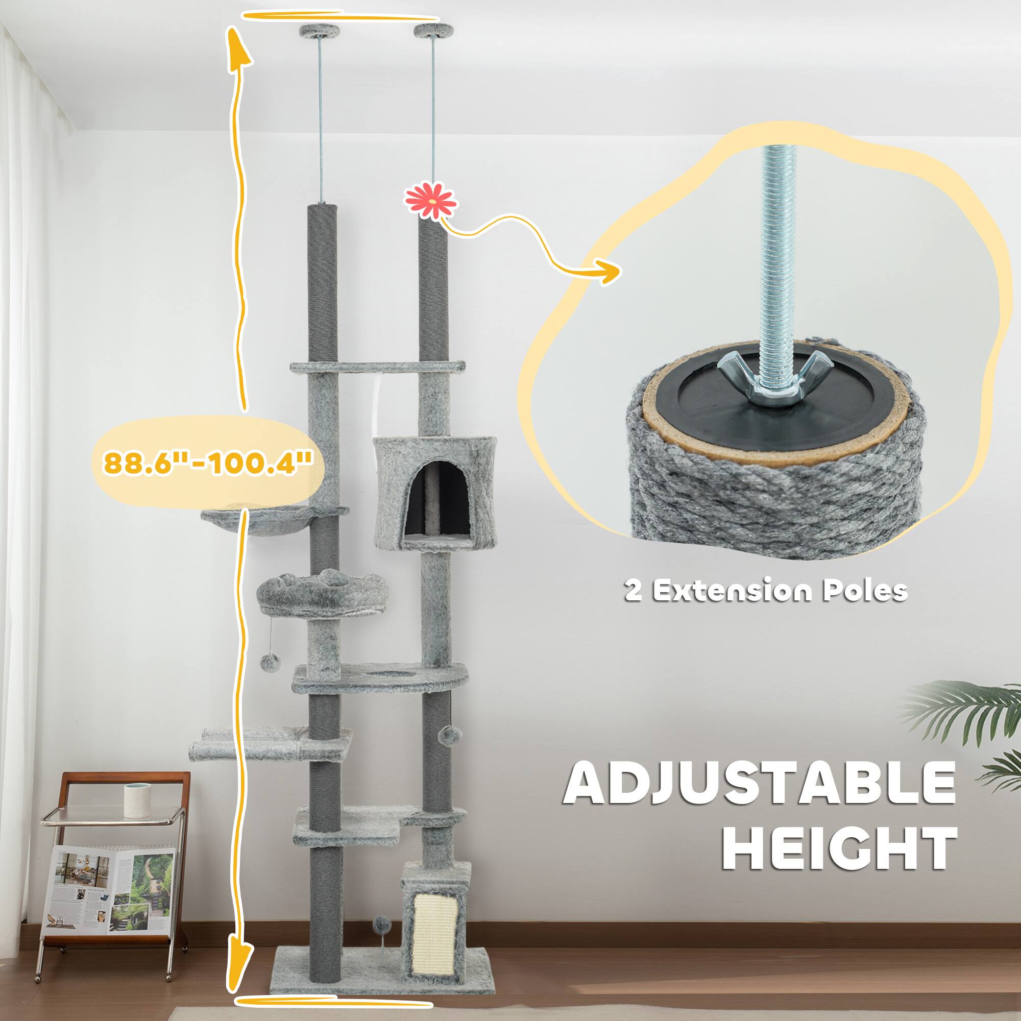 Back. Pawhut - 89"-100" Adjustable Floor to Ceiling Cat Tree, Climbing Tower Activity Center with Perch, Condo, Scratching Posts & Ramp - Gray.