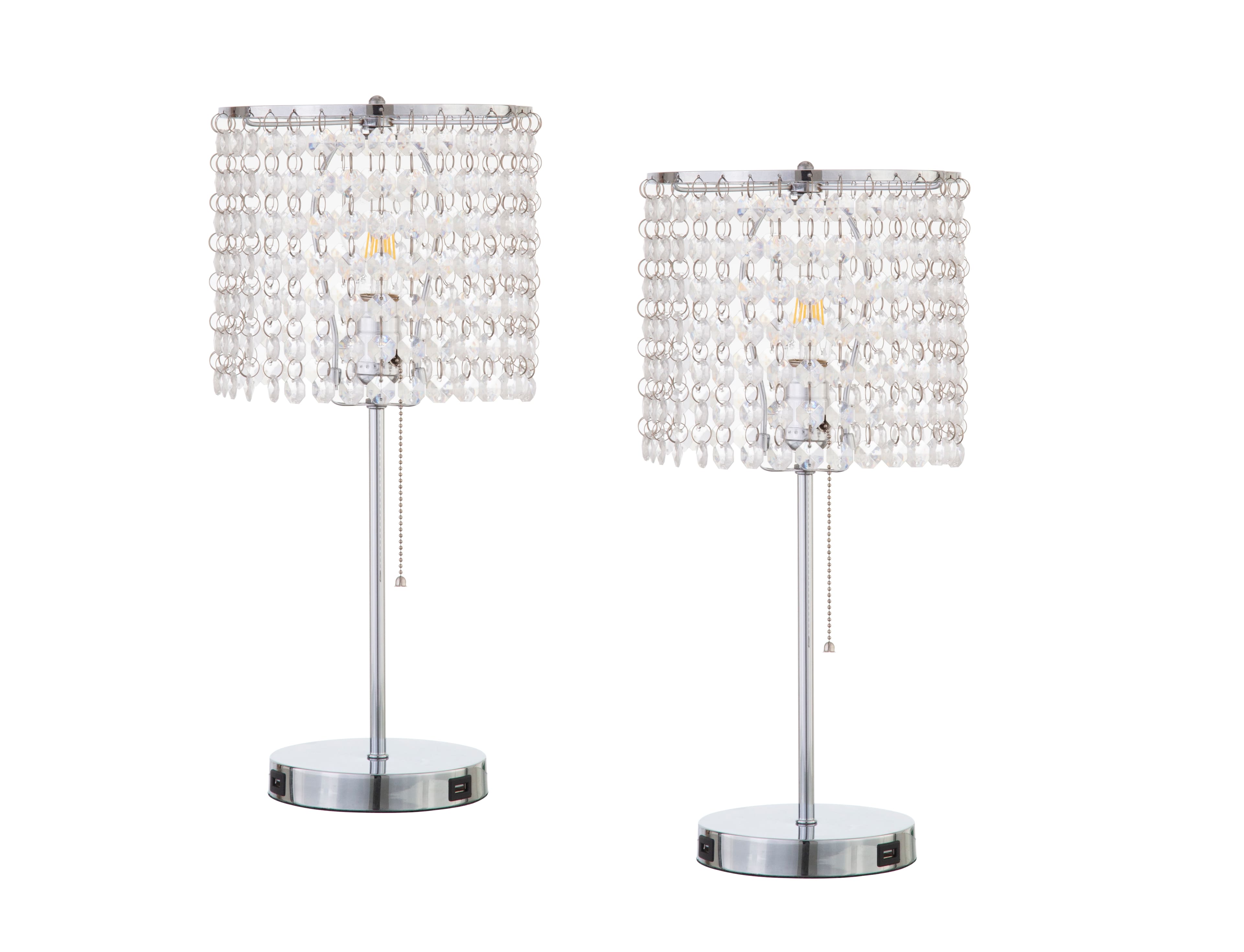 FC Design - Set of 2 Modern 19"H Sparkling Acrylic Faux Crystal Beads Table Lamp With USB Charging Ports - Clear