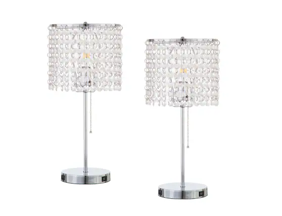 Front. FC Design - FC Design Set of 2 Modern 19"H Sparkling Acrylic Faux Crystal Beads Table Lamp With USB Charging Ports - Clear.