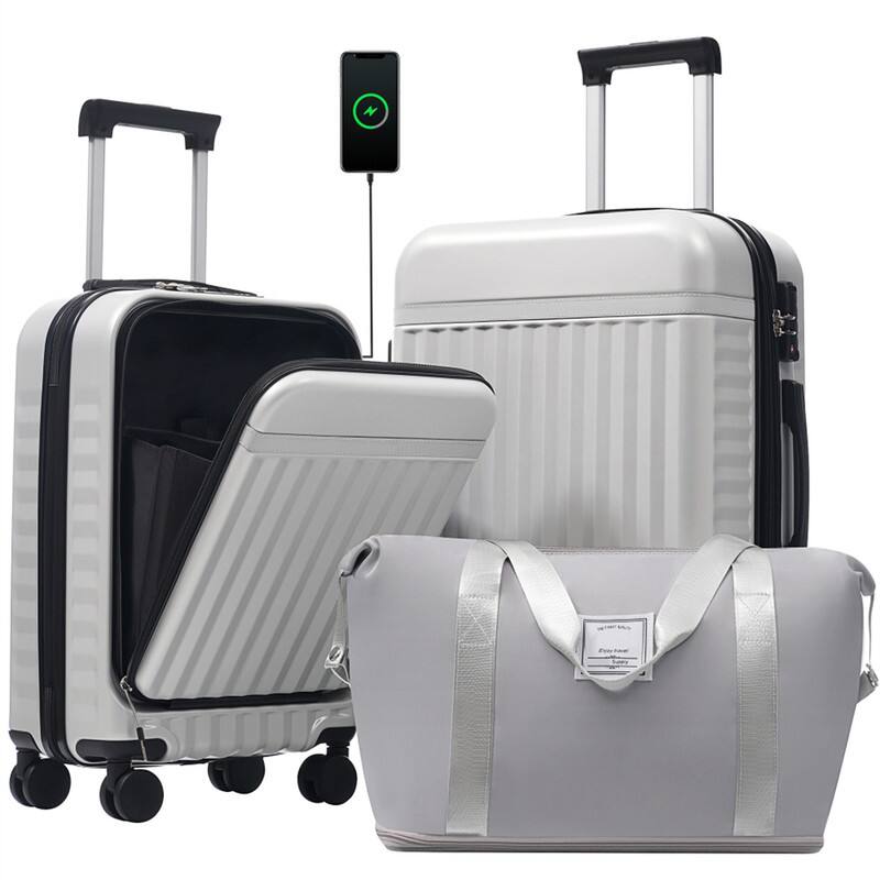 Front. HTUTWOO - Front Opening Luggage Set 3 Piece - Hardside Carry On Suitcase,Expandable Spinner Wheels,TSA Lock,Handle Bag,Lightweight - Grey+White.