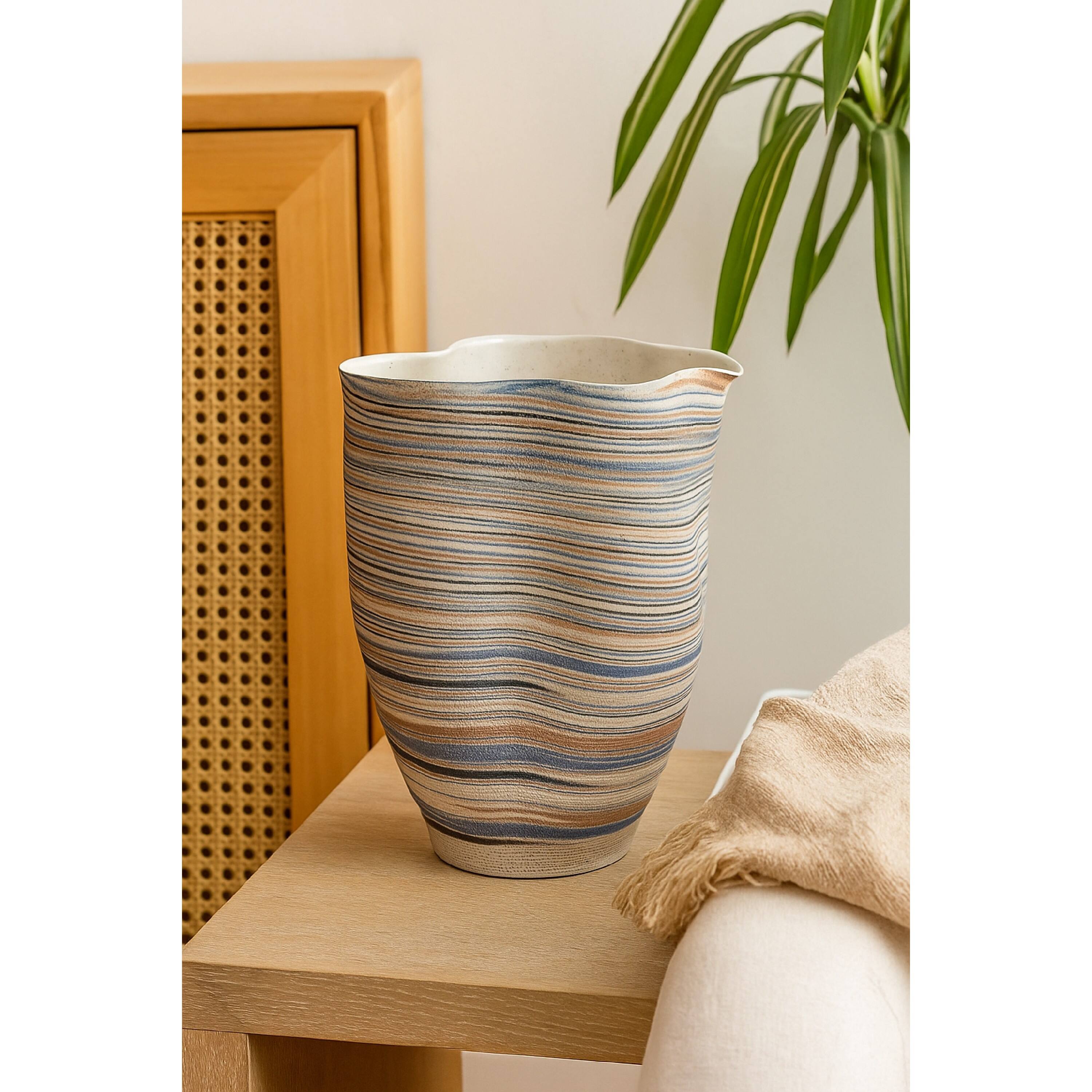 Alt View 4. Manhattan Lane - Kerya Decorative Vase, 13 Inch   Striped, Wavy Rim Porcelain - Blue, White.