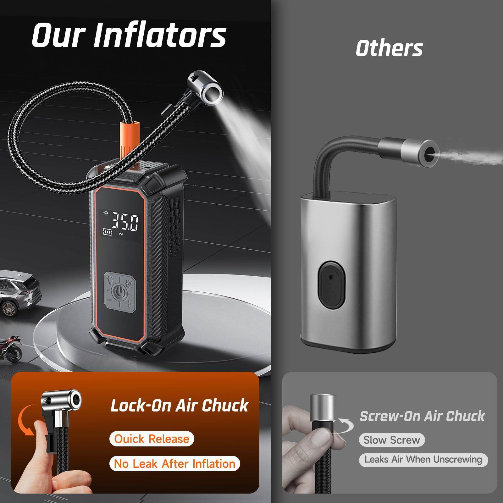 Our Inflators

Lock-On Air Chuck
- Quick Release
- No Leak After Inflation

Others

Screw-On Air Chuck
- Slow Screw
- Leaks Air When Unscrewing