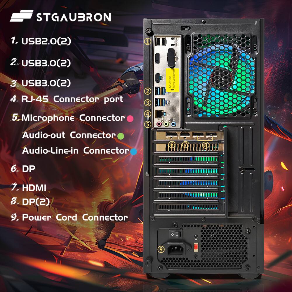 STGAU3RON

1. USB2.0(2)
2. USB3.0(2)
3. USB3.0(2)
4. RJ-45 Connector port
5. Microphone Connector
   Audio-out Connector
   Audio-Line-in Connector
6. DP
7. HDMI
8. DP(2)
9. Power Cord Connector