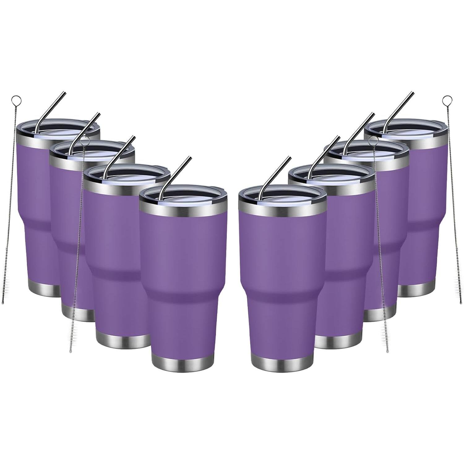 Front. PARKER SLATER - 30oz insulated stainless steel tumblers with lids, straws, and brush for hot or cold drinks, travel, office. - Purple.