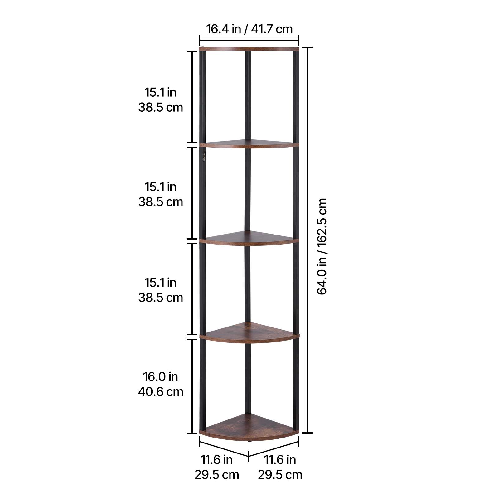 16.4 in / 41.7 cm  
15.1 in / 38.5 cm  
15.1 in / 38.5 cm  
15.1 in / 38.5 cm  
16.0 in / 40.6 cm  
11.6 in / 29.5 cm  
11.6 in / 29.5 cm  
6.1 in / 15.5 cm  
2.9 in / 7.4 cm  
2.9 in / 7.4 cm  
21.6 in / 54.9 cm  
21.6 in / 54.9 cm