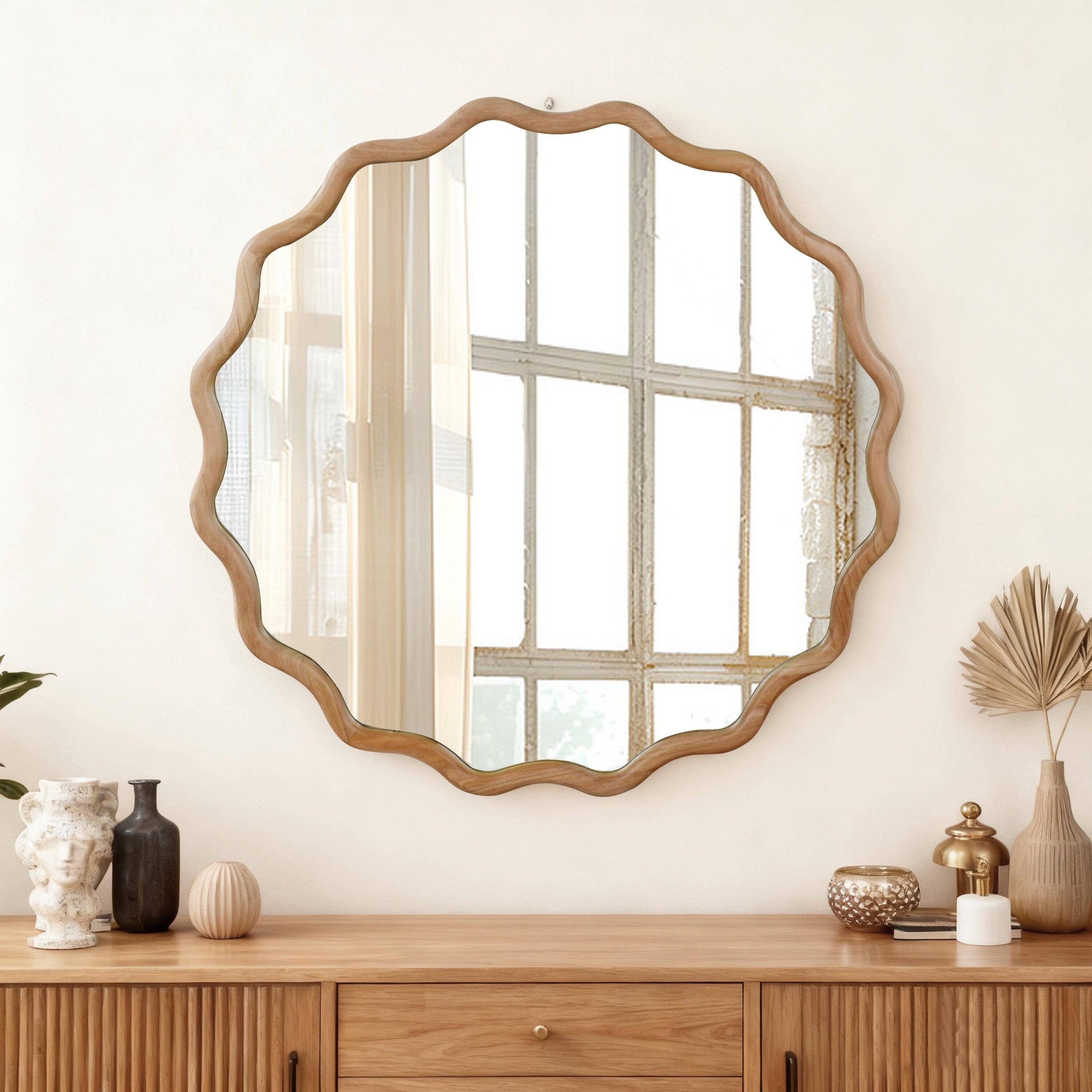 Front. BreeBe - Natural Wood Color 30 inch Wavy Round Solid Wood Frame Decorative Mirror,For Bedroom, Bathroom, Living Room, Entryway - Natural Wood.