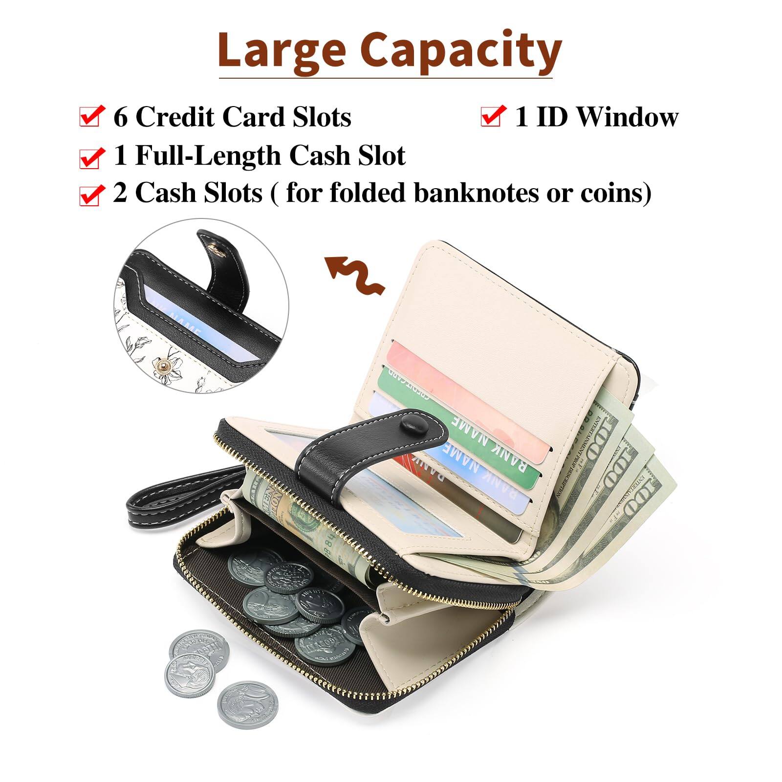 Left. Jadie Link - Womens Wallet Slim Thin Rfid Blocking Floral Leather Card Holder Bifold Long Ladies Zipper Pocket Small Roomy RFID-block - Blue & White.