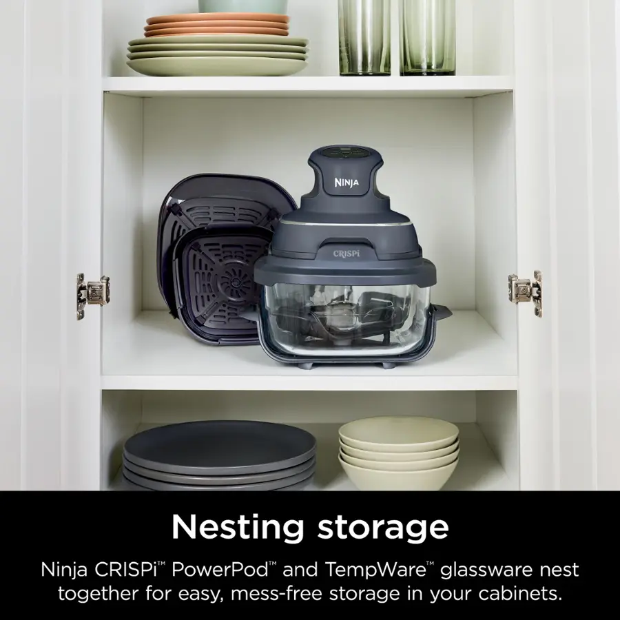 Ninja CRISPi Nesting Storage: Ninja CRISPi PowerPod and TempWare Glassware nest together for easy, mess-free storage in your cabinets.