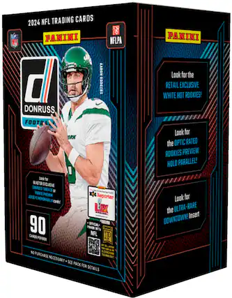 The text on the image reads: "2024 NFL Trading Cards Panini NFLPA Panini 0 Donruss Football Aaron Rodgers. Look for the Retail Exclusive White Hot Rookies! Look for the Optic Rated Rookies Preview Holo Parallel! Lock for Blaster Exclusive Donruss Threads Rookie Phenom Jerseys Memorabilia Reporter Cords! LIX 90 Official- Panini NFTs Do Not Purchase Necessary Technology See Pack for Details. Look for the Ultra-Rare Downtown! Insert."