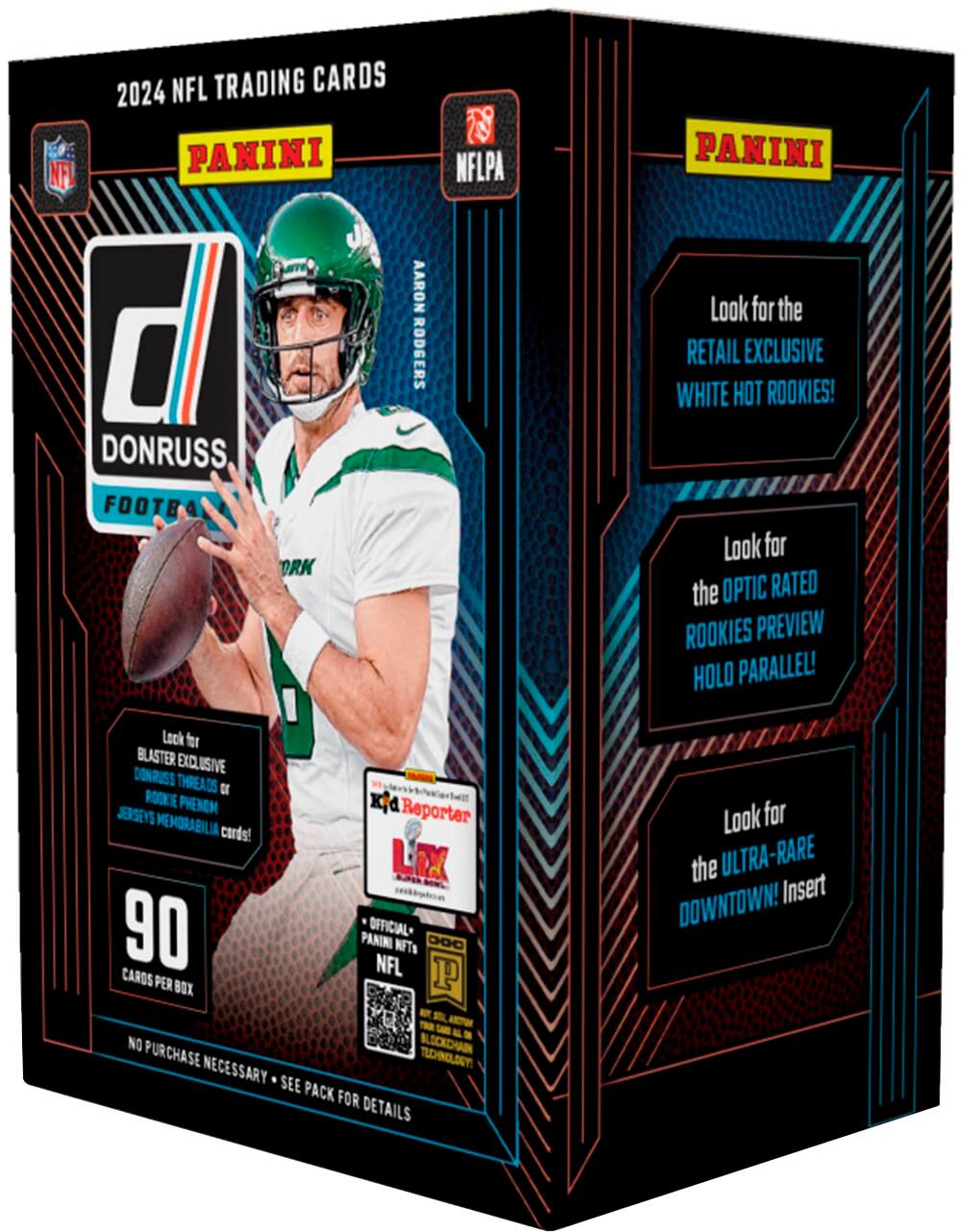 The text on the image reads: "2024 NFL Trading Cards Panini NFLPA Panini 0 Donruss Football Aaron Rodgers. Look for the Retail Exclusive White Hot Rookies! Look for the Optic Rated Rookies Preview Holo Parallel! Lock for Blaster Exclusive Donruss Threads Rookie Phenom Jerseys Memorabilia Reporter Cords! LIX 90 Official- Panini NFTs Do Not Purchase Necessary Technology See Pack for Details. Look for the Ultra-Rare Downtown! Insert."