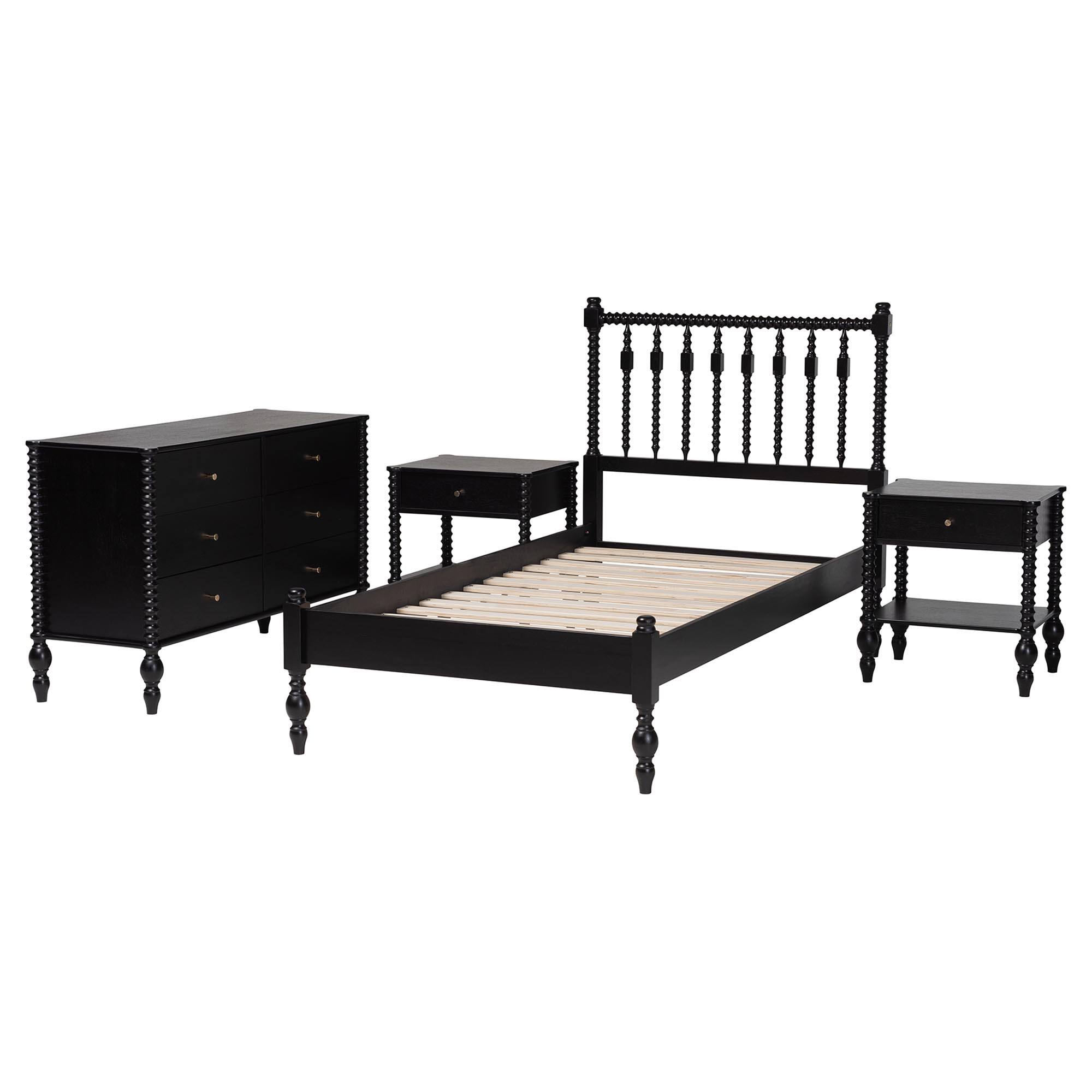 Angle. Baxton Studio - Denita Spindle 4-Piece Bedroom Set - Farmhouse Platform Bed with Matching Dresser and 1-Drawer Nightstands, Twin - Black.