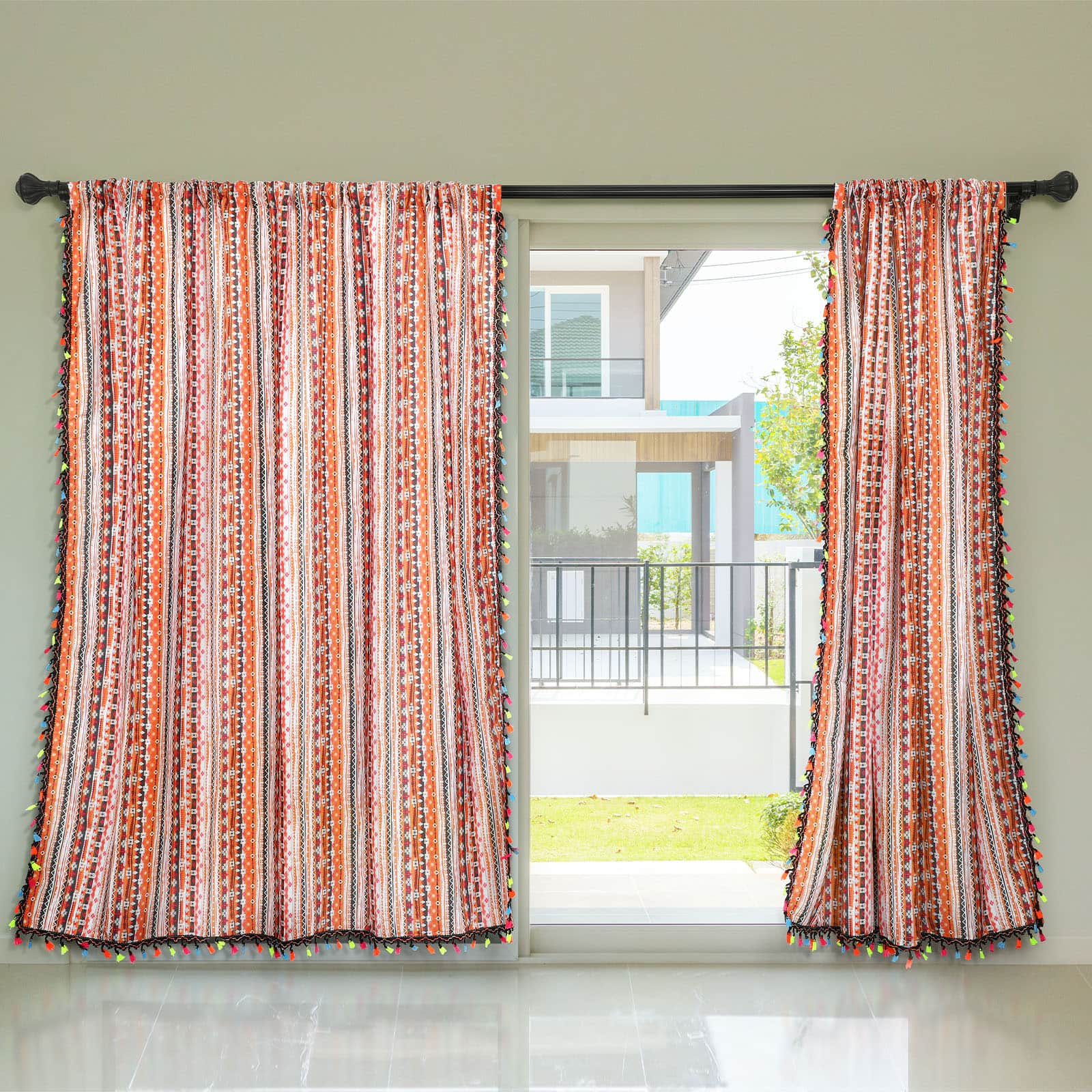 Oumilen - 2-Pack Boho Striped Sheer Curtains, Colorful Tassel Trim Light Filtering Window Curtains Rod Pocket 52x84 Inch - Multicolor