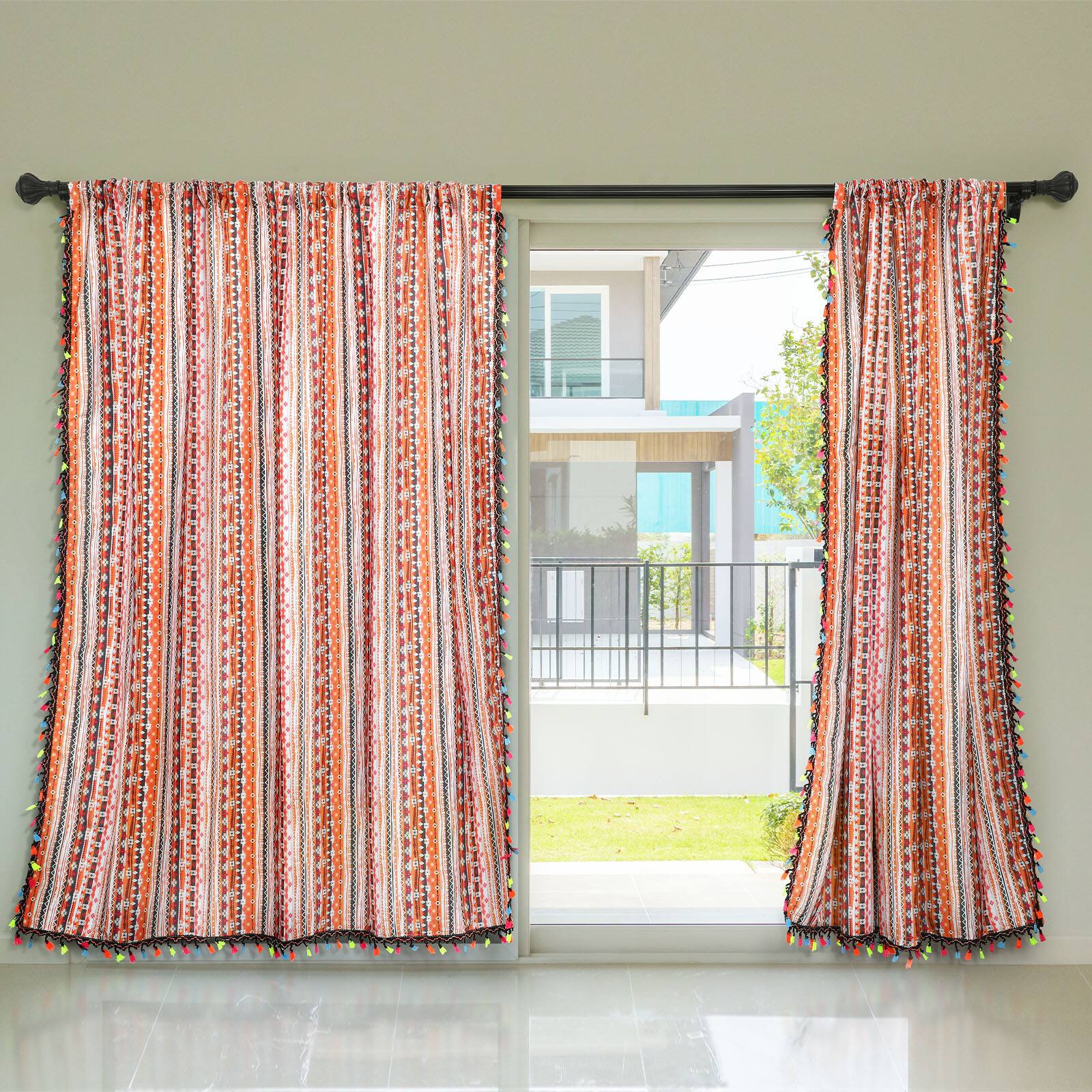 Front. Oumilen - 2-Pack Boho Striped Sheer Curtains, Colorful Tassel Trim Light Filtering Window Curtains Rod Pocket 52x84 Inch - Multicolor.