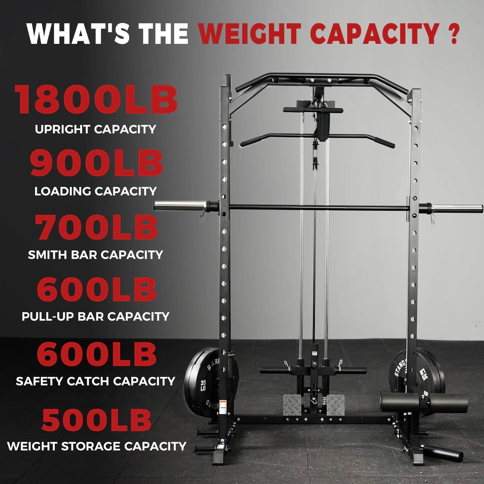WHAT'S THE WEIGHT CAPACITY?

1800LB  
UPRIGHT CAPACITY

900LB  
LOADING CAPACITY

700LB  
SMITH BAR CAPACITY

600LB  
PULL-UP BAR CAPACITY

600LB  
SAFETY CATCH CAPACITY

500LB  
WEIGHT STORAGE CAPACITY